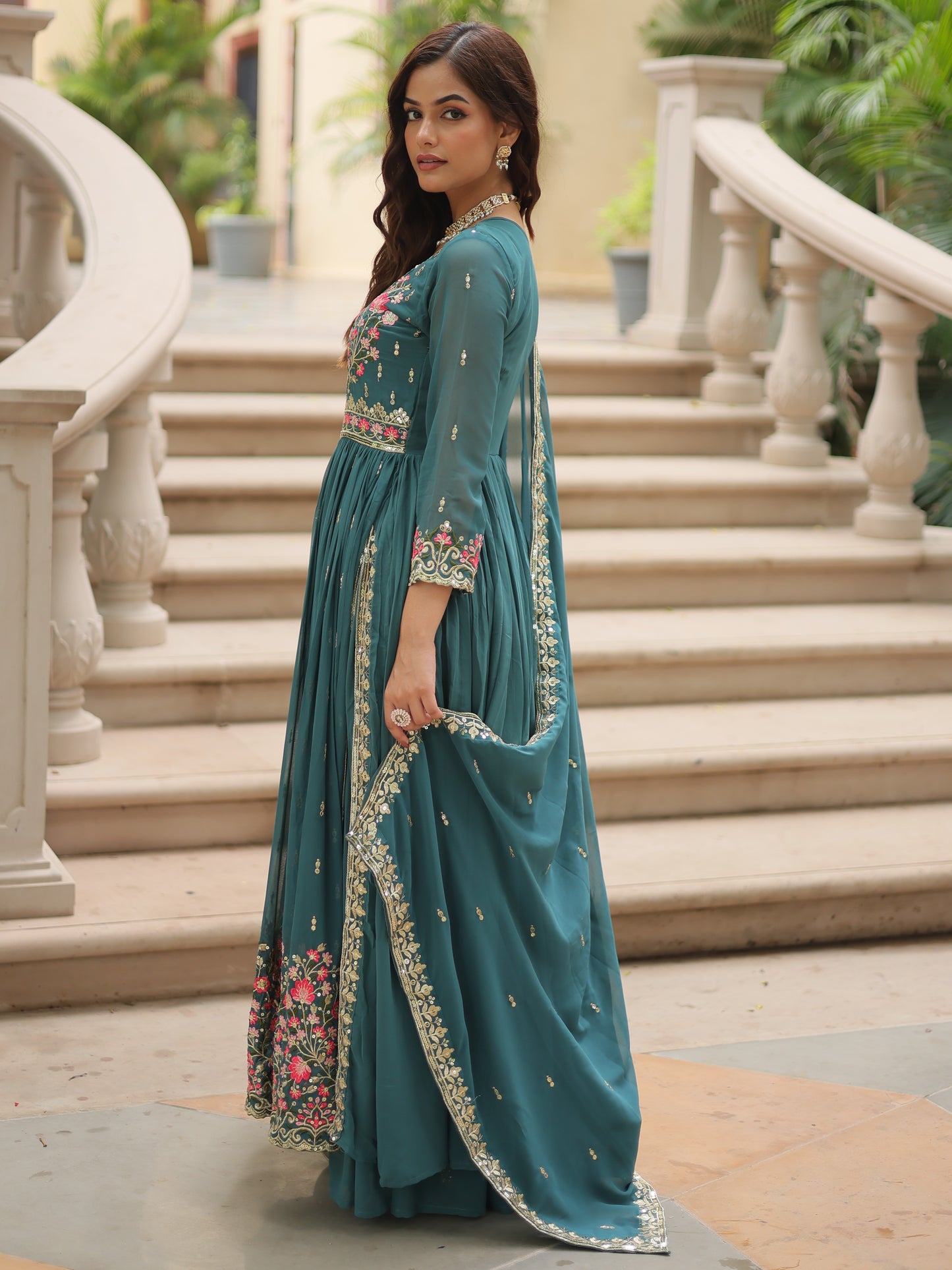 Alluring Blue Georgette Reception Nayra-cut Sharara Suit