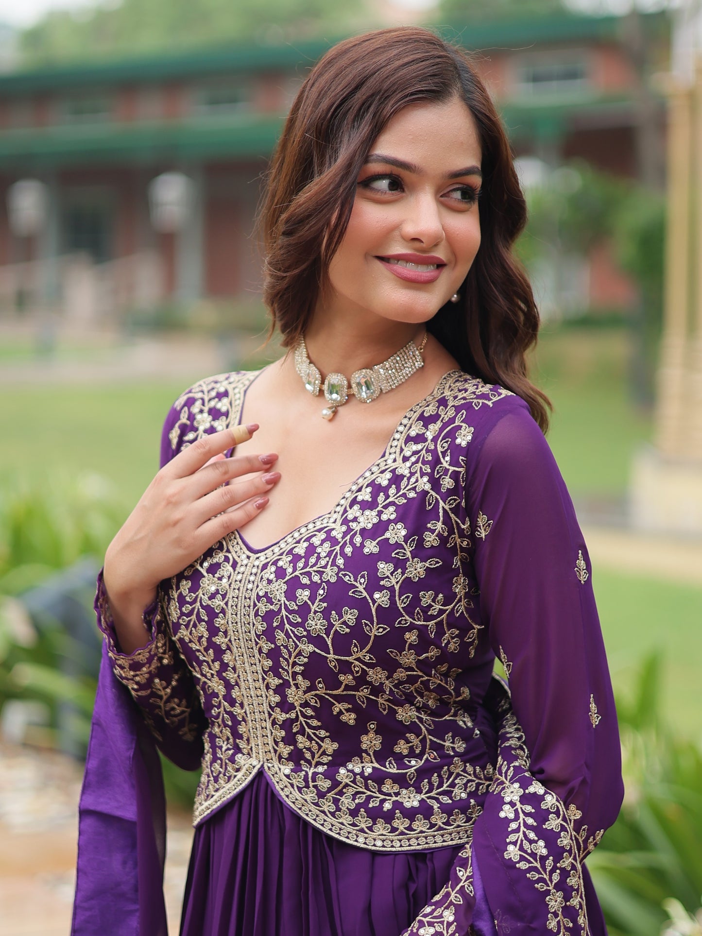 Adorable Purple Zari Work Georgette Designer Wedding Gown