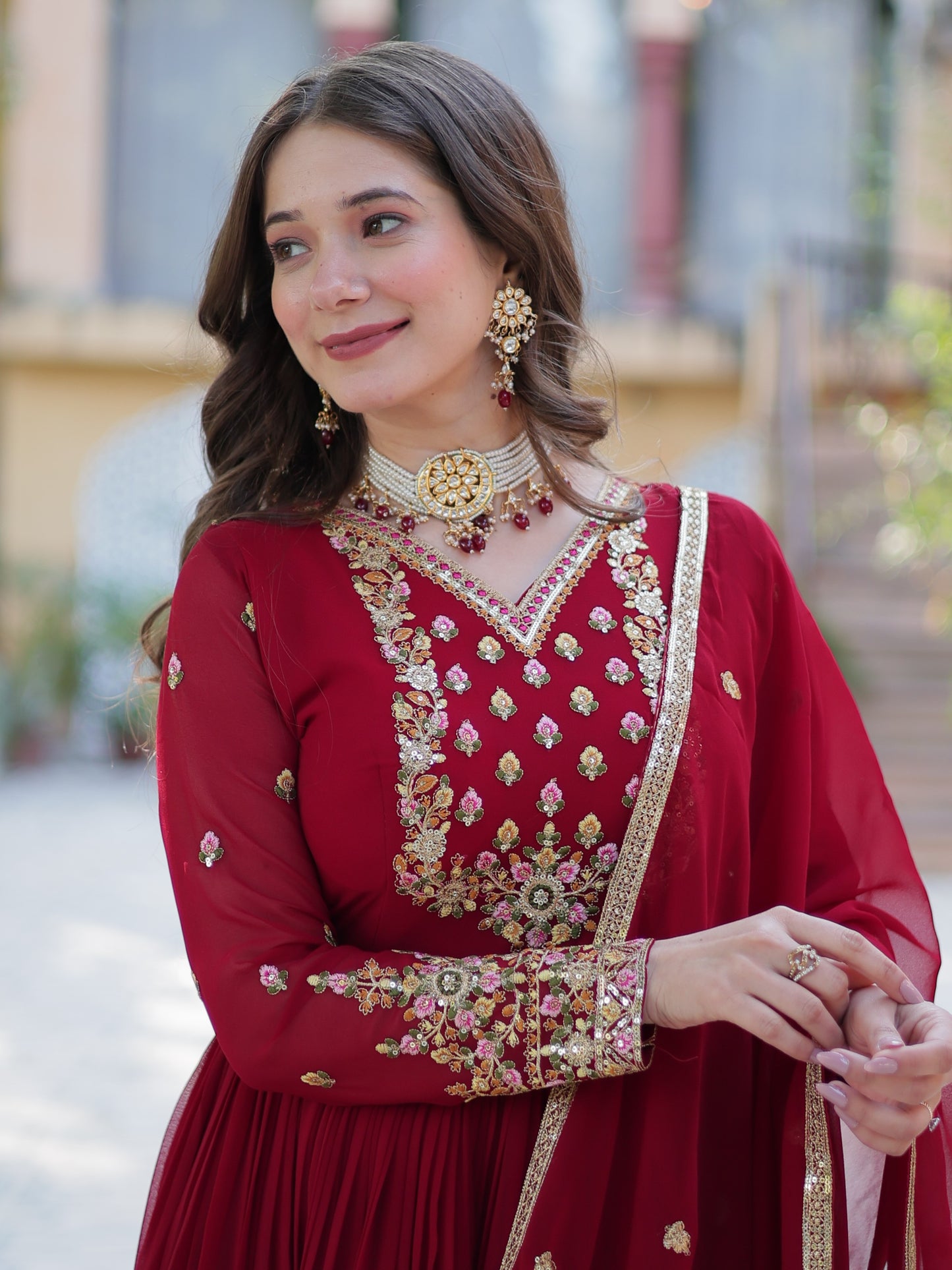 Glamorous Red Zari Work Georgette Wedding Wear Gown