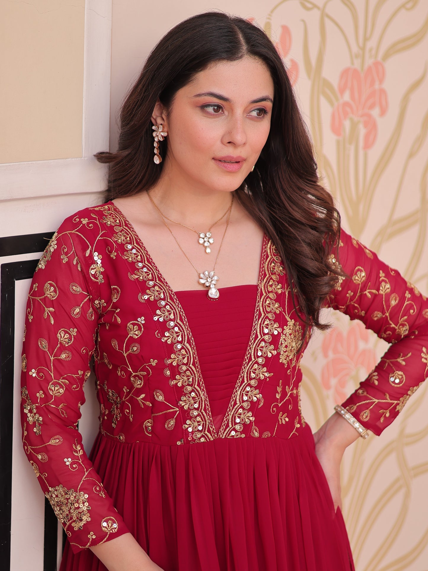Charming Red Zari Work Georgette Wedding Wear Gown