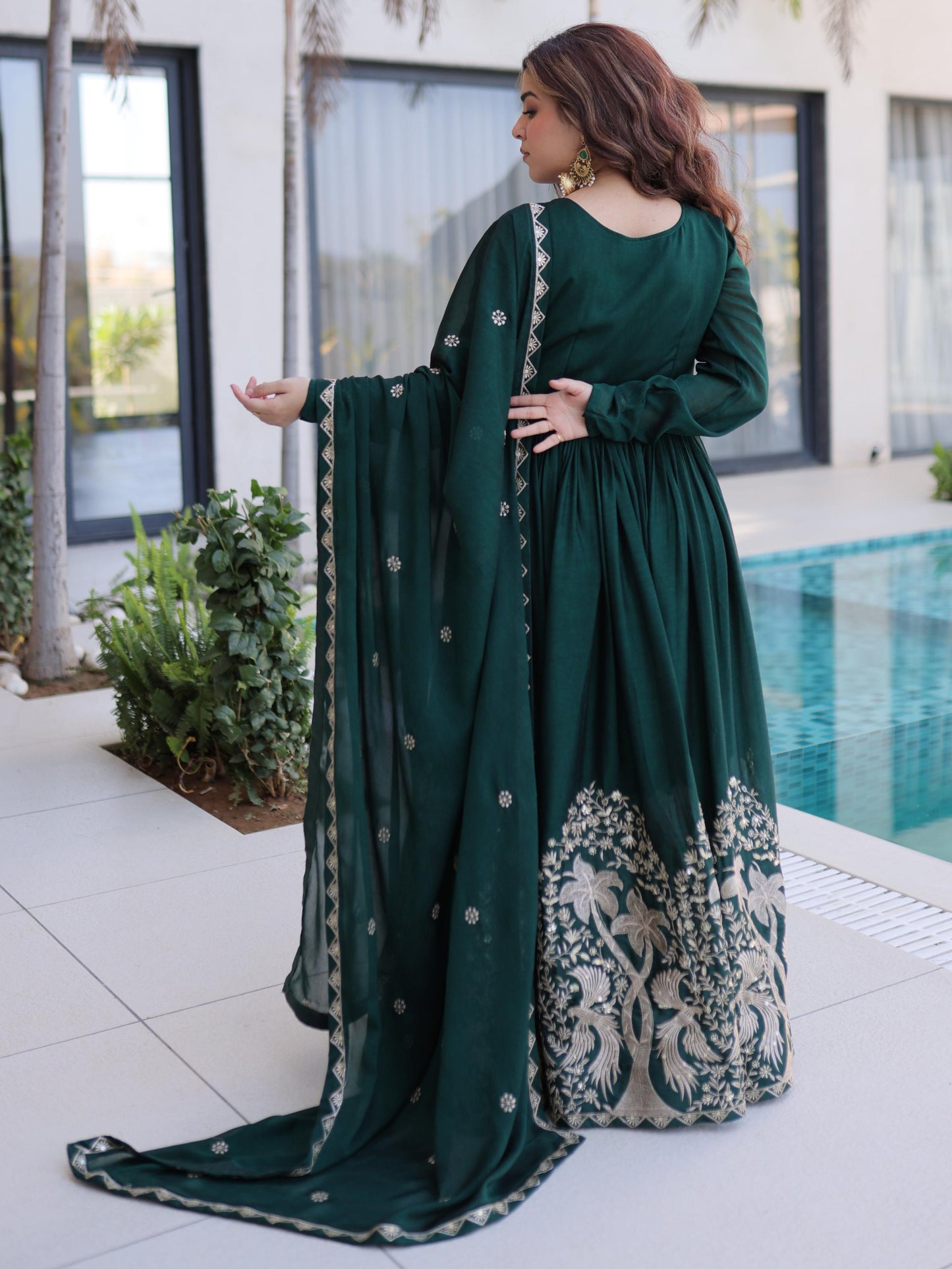 Charming Green Embroidered Crush Silk Mehndi Wear Gown