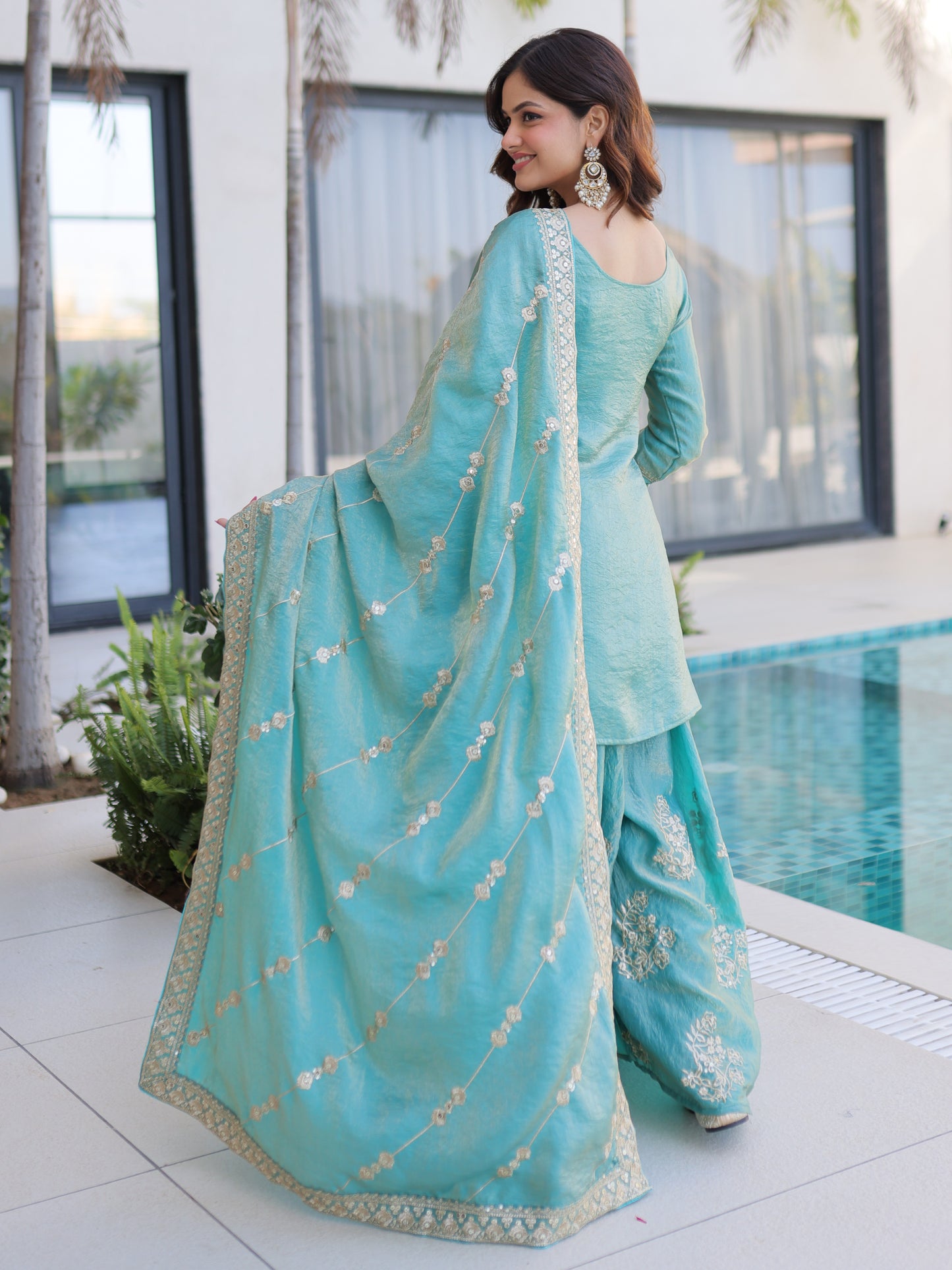 Beautiful Sky Blue Zari Work Silk Bridesmaid Palazzo Suit