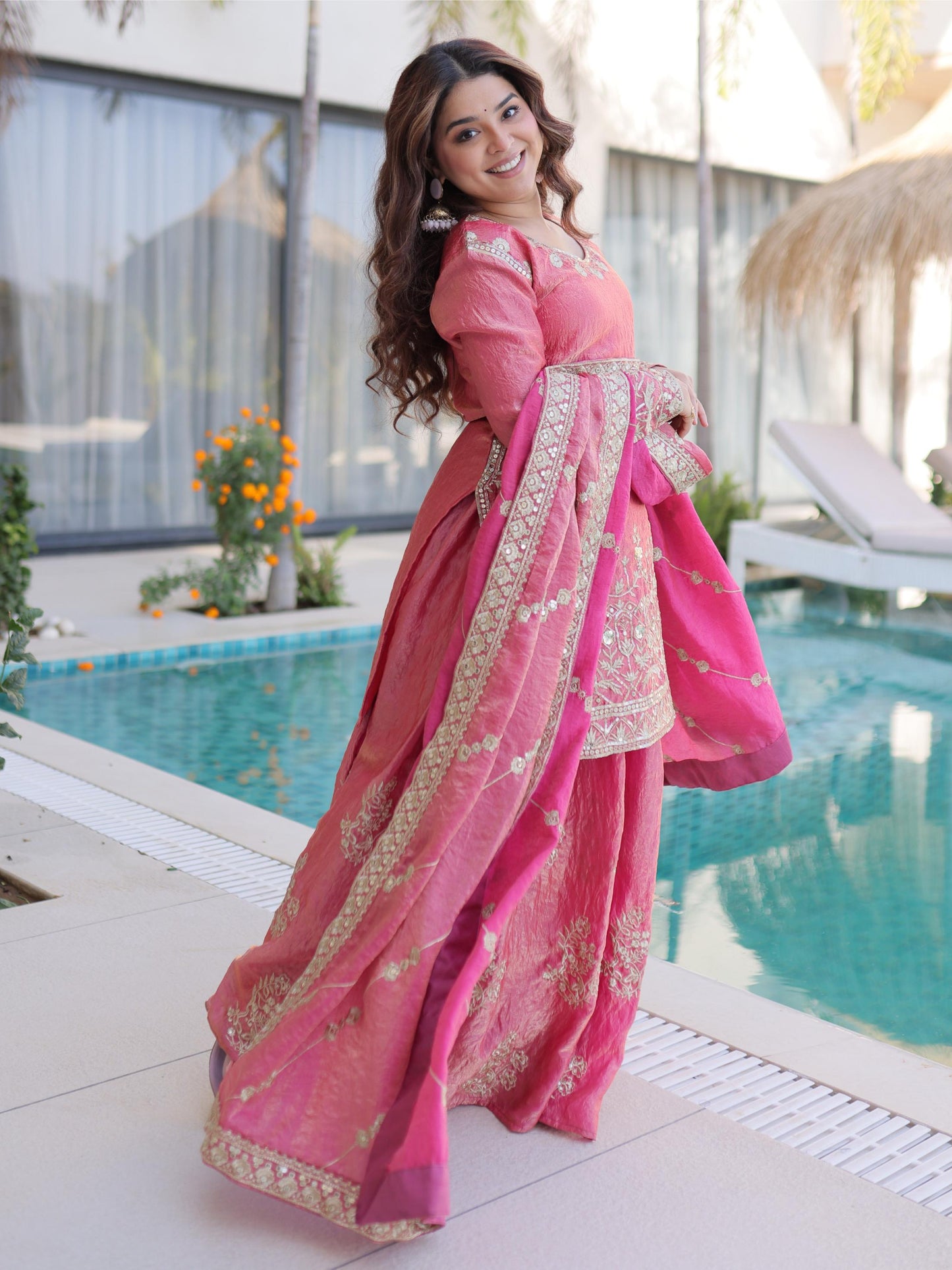 Pretty Pink Zari Work Silk Wedding Wear Palazzo Suit