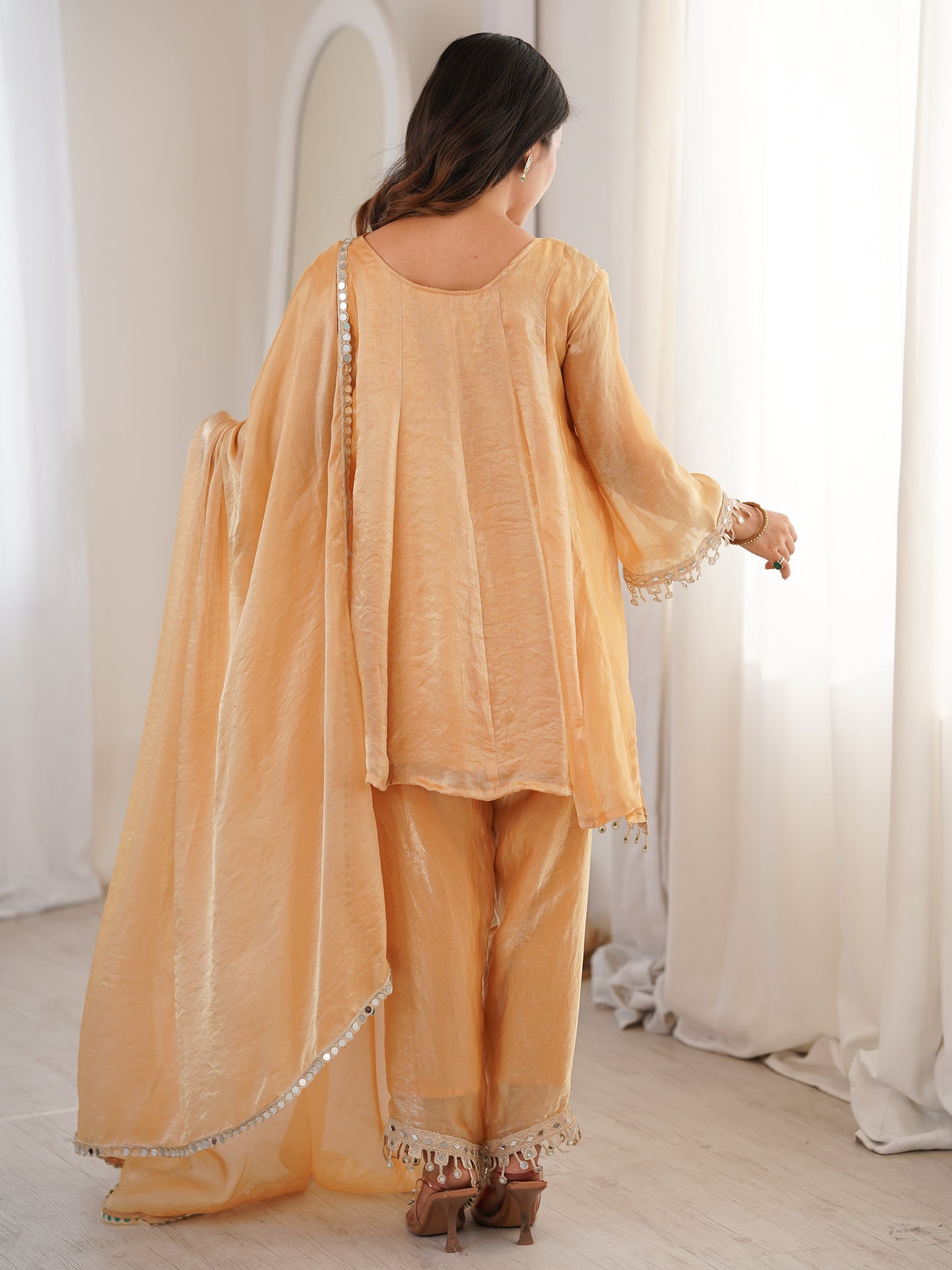 Adorable Beige Mirror Work Fendy Haldi Wear Pant Suit