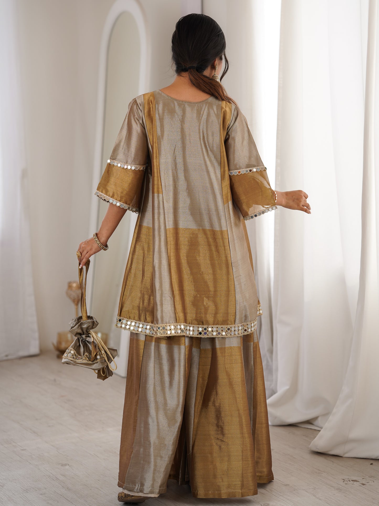 Pretty Golden Mirror Work Tissue Silk Designer Palazzo Suit