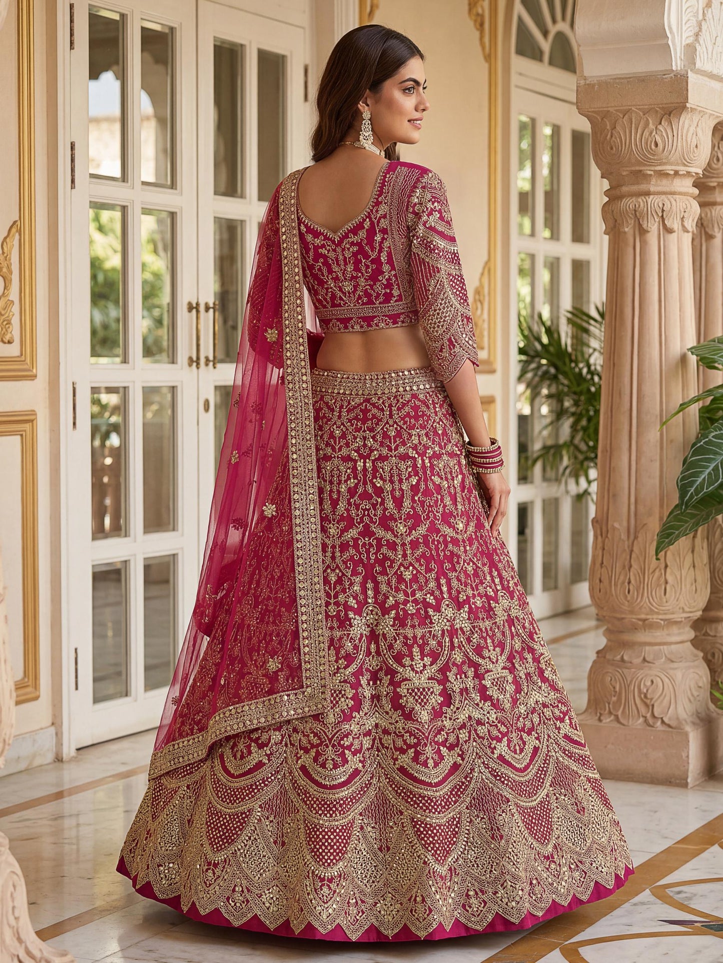 Attractive Pink Heavy Embroidered Net Wedding Lehenga Choli