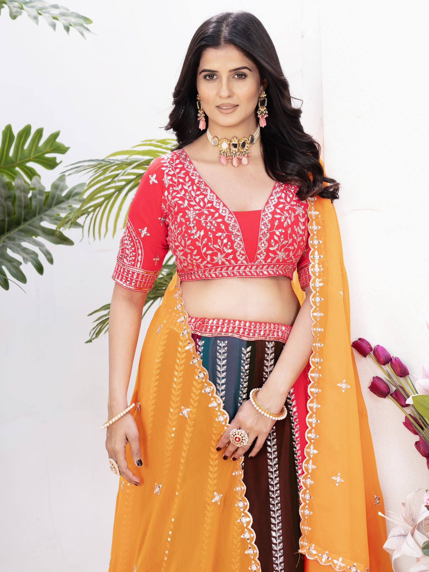 Attractive Multicolor Embroidered Georgette Lehenga Choli