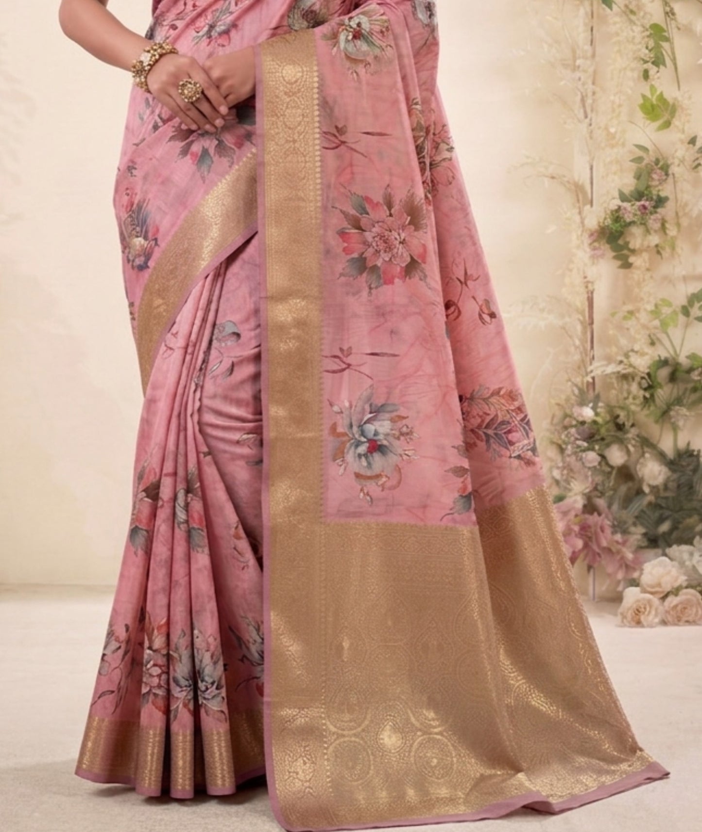 Charming Pink Floral Printed Reception Wear Dola Silk Saree
