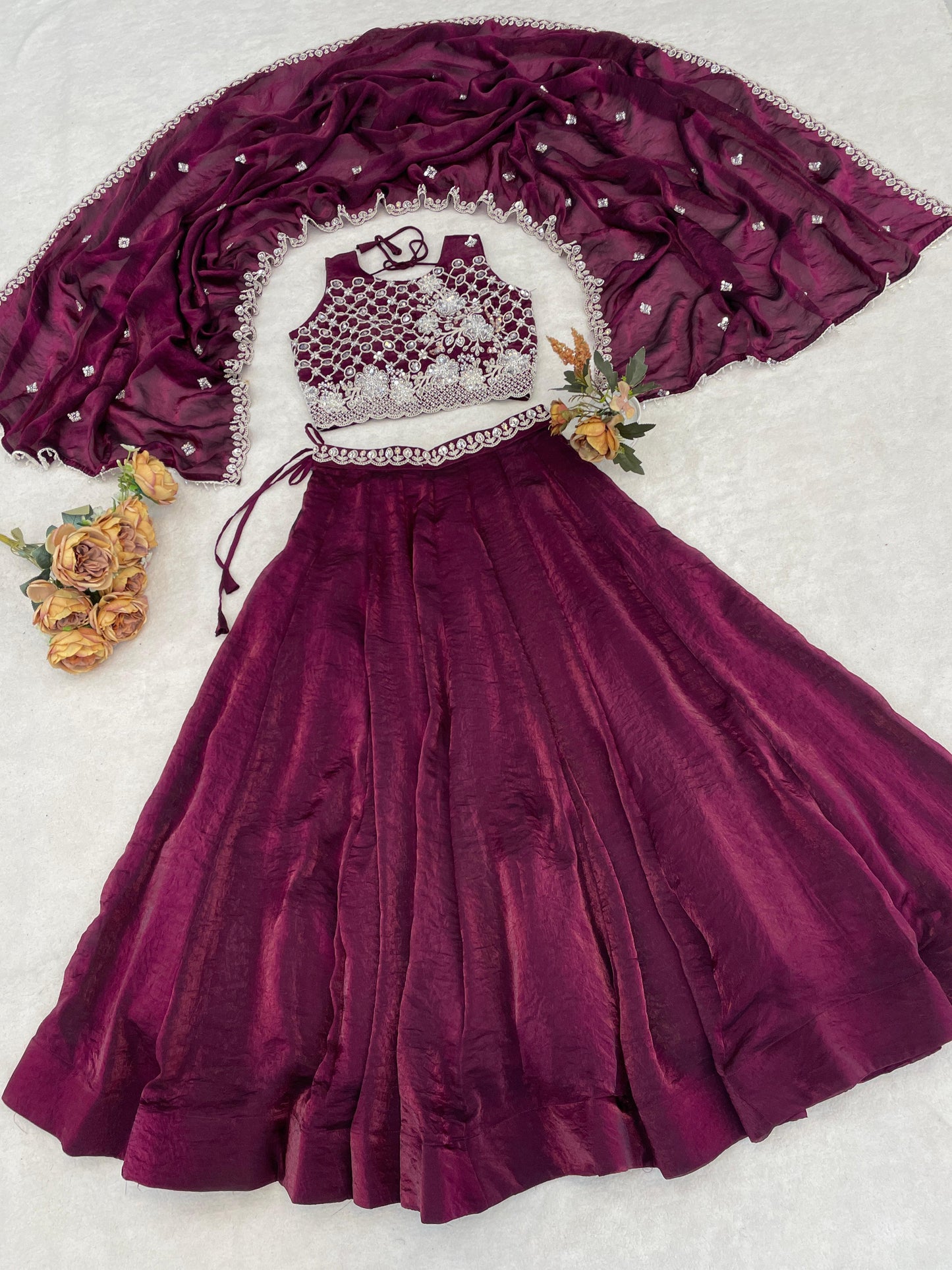 Attractive Wine Embroidered Silk Wedding Lehenga Choli
