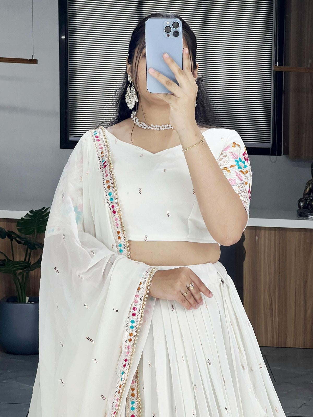 Attractive Off-White Sequins Work Georgette Lehenga Choli
