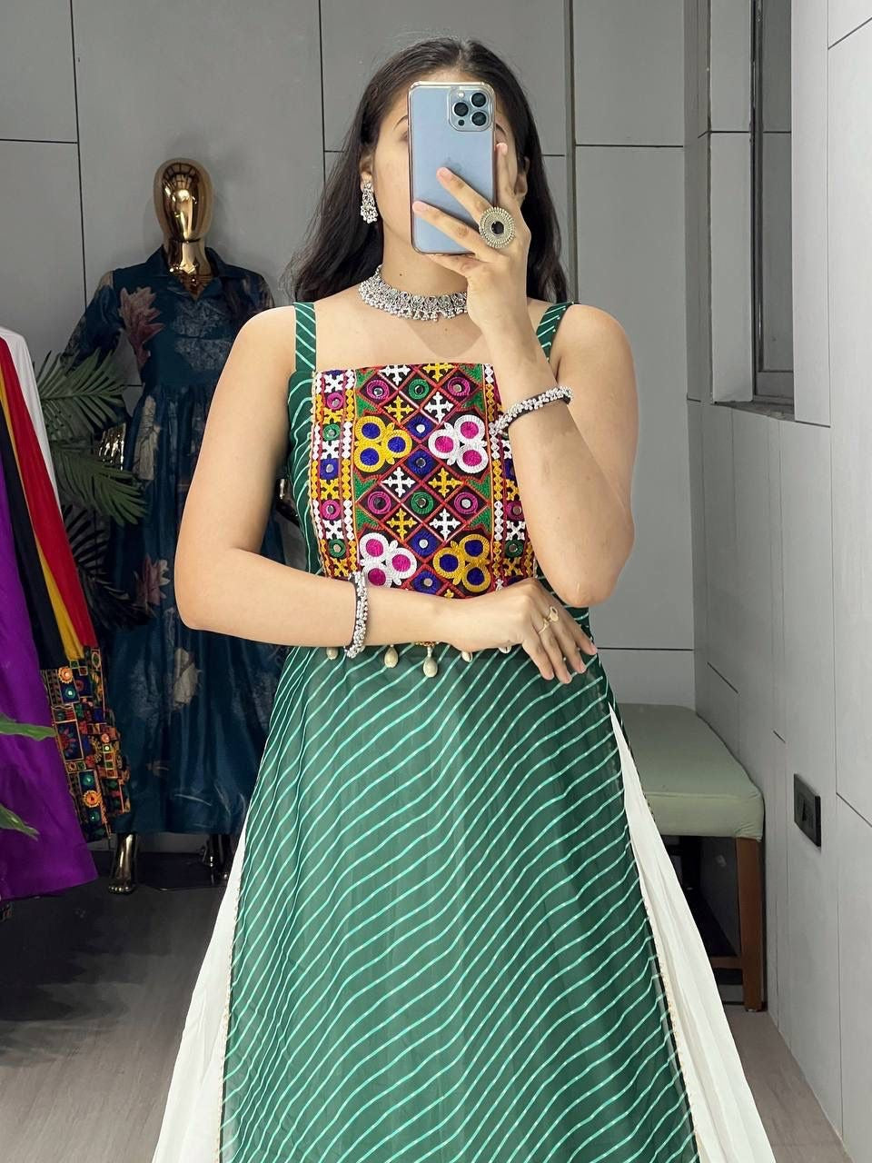 Capricious Green & White Cotton Navratri Crop Top Lehenga