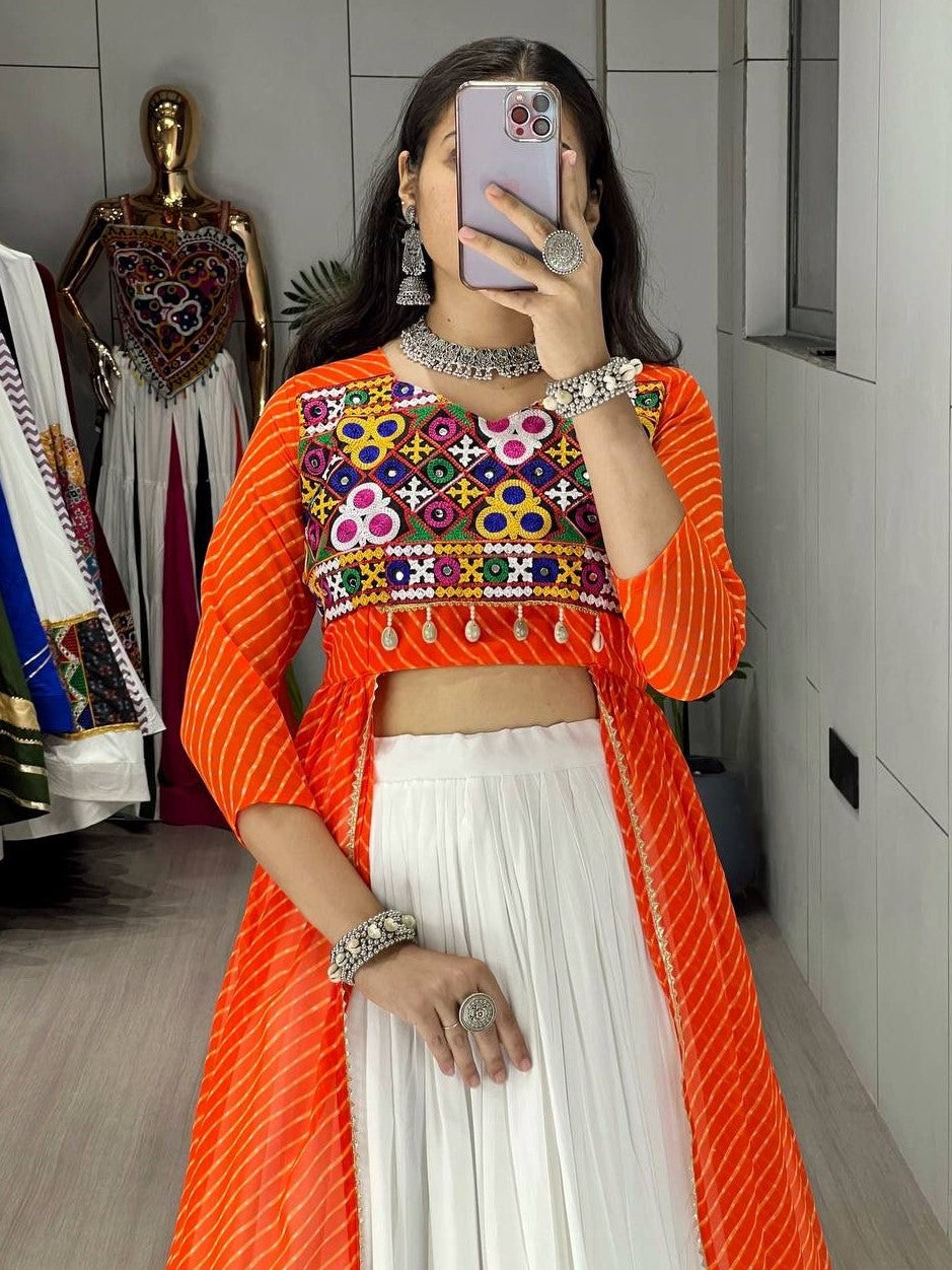 Graceful Orange & White Cotton Navratri Crop Top Lehenga
