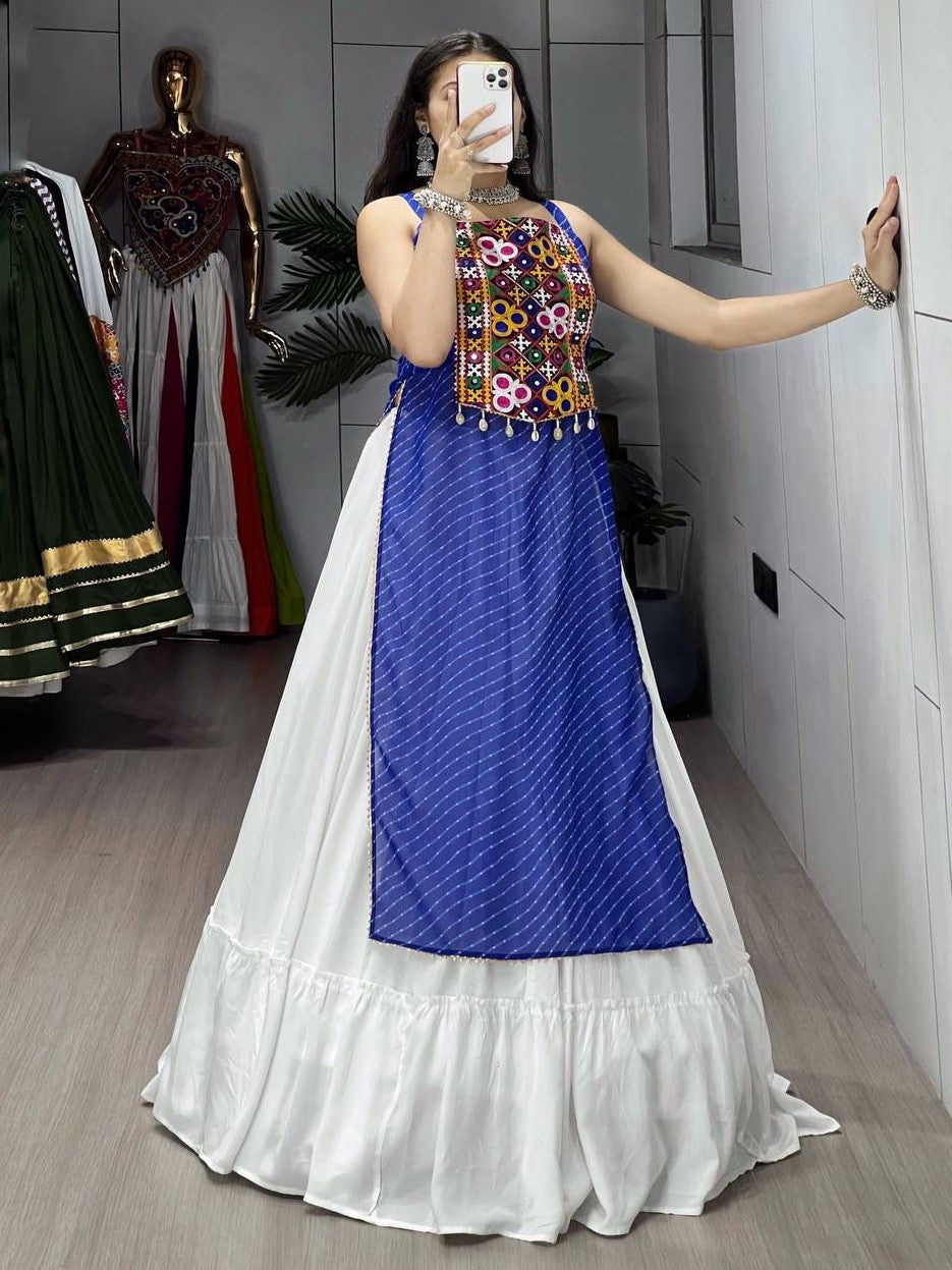 Stunning Blue & White Cotton Navratri Crop Top Lehenga