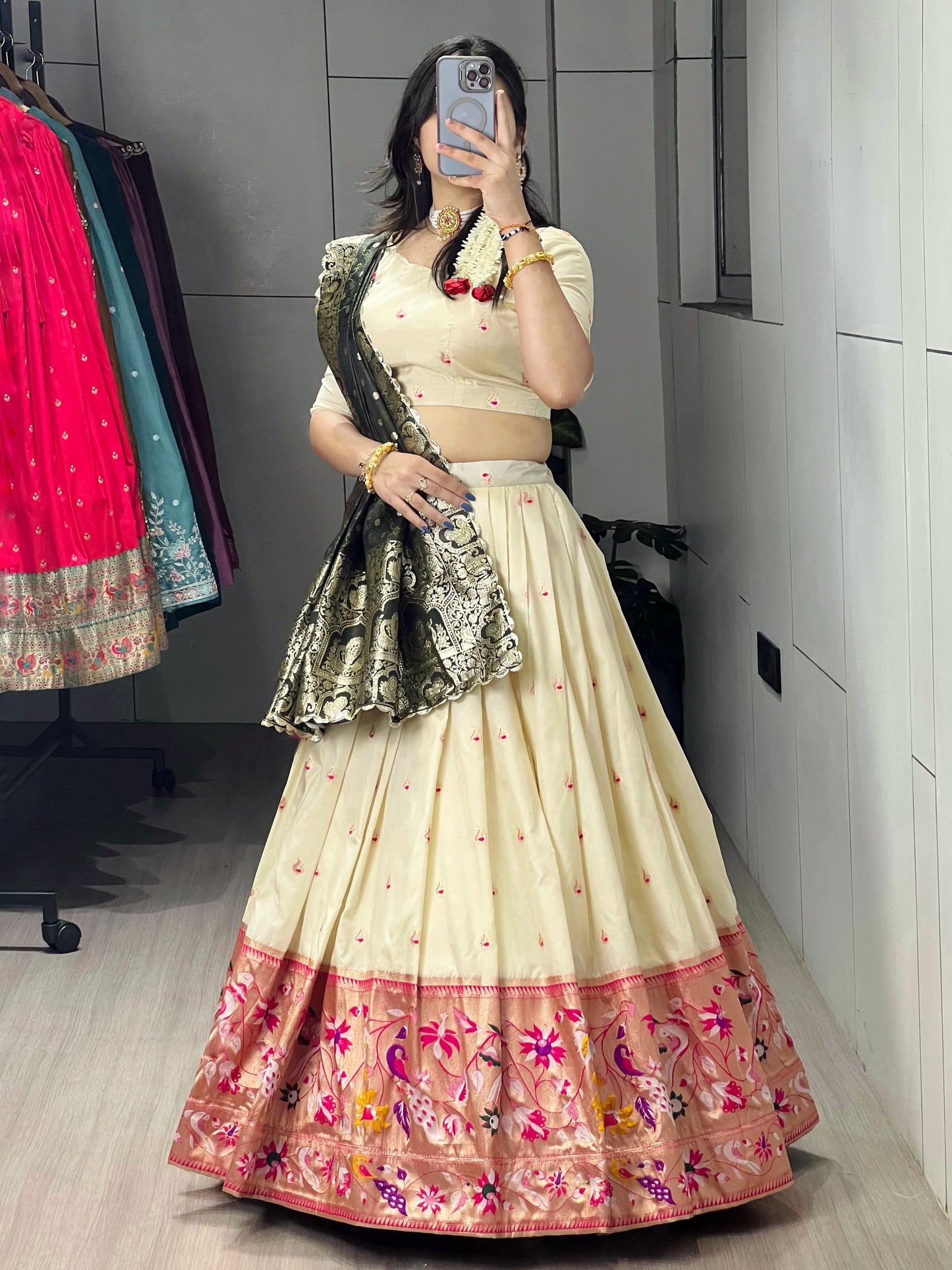 Spectacular Cream Paithani Silk Lehenga With Green Dupatta