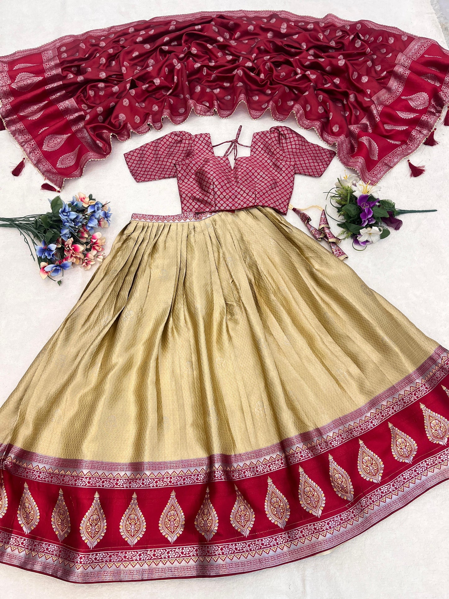 Fantastic Beige Zari Weaving Kanchipuram Silk Lehenga Choli