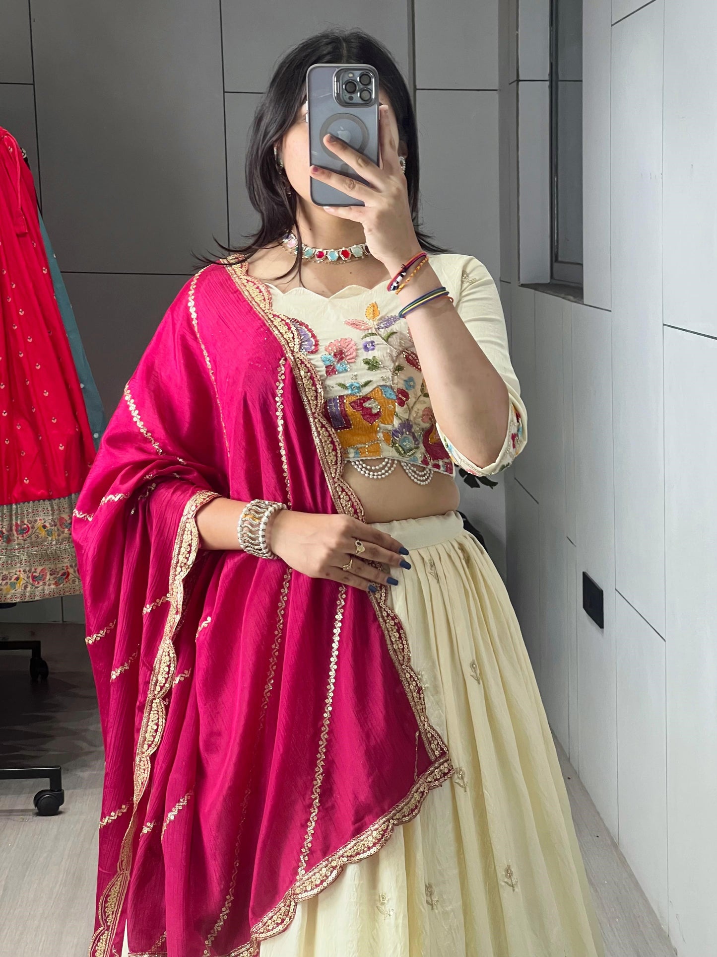 Glamorous Cream Silk Lehenga Choli With Pink Dupatta