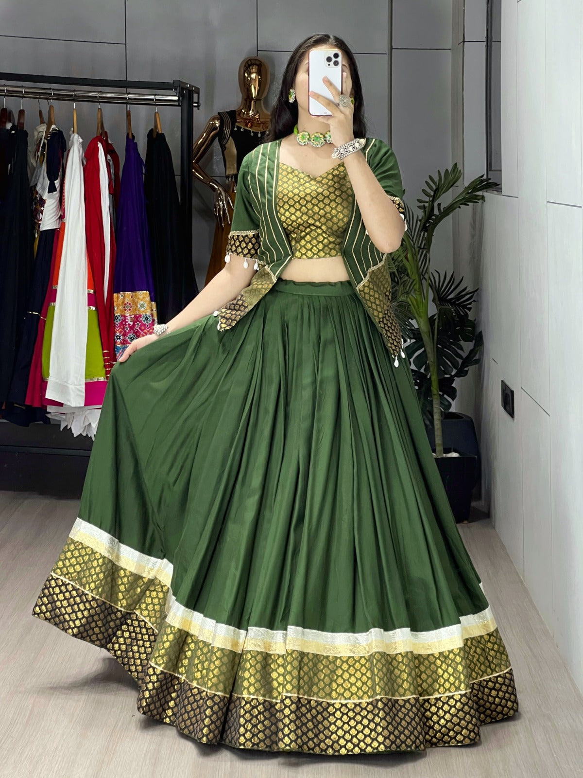 Traditional Green Plain Cotton Navratri Lehenga Choli With Jacket