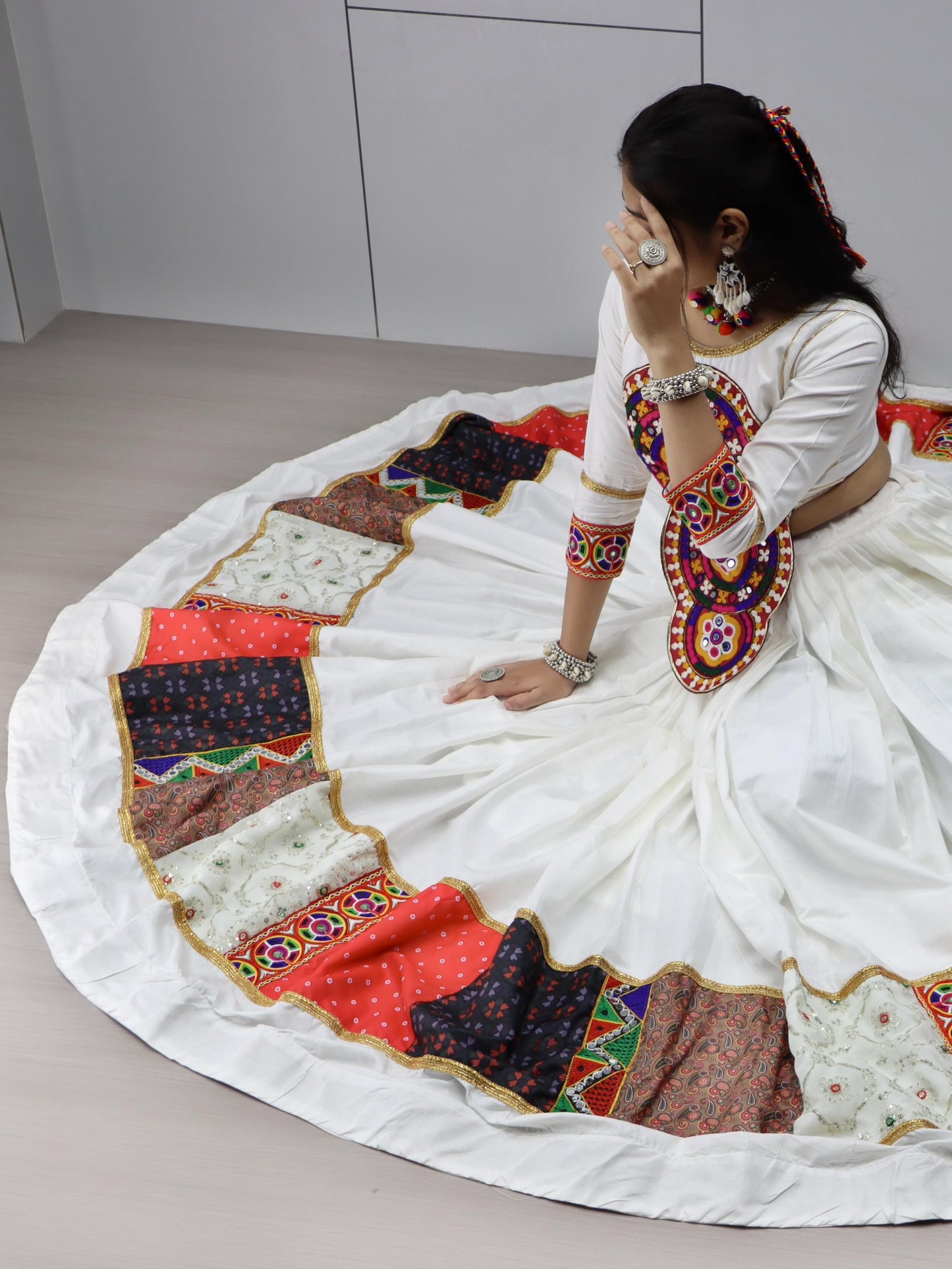 Precious White Embroidered Cotton Navratri Lehenga Choli
