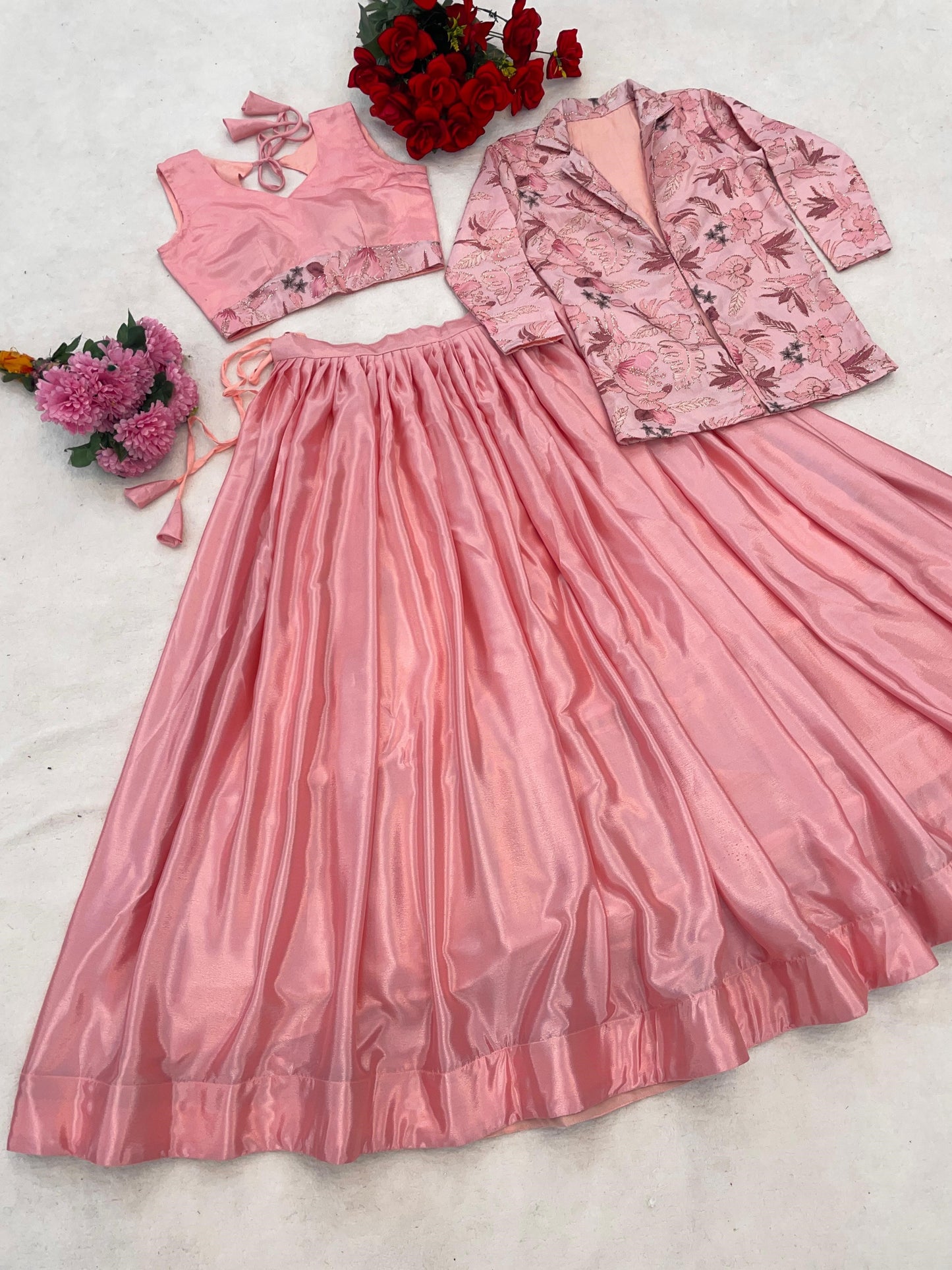 Dazzling Pink Chinon Wedding Crop Top Lehenga With Jacket