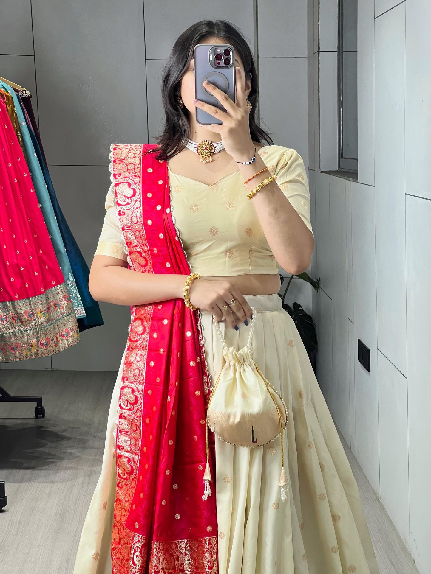 Astonishing Cream Paithani Silk Lehenga Choli With Red Dupatta