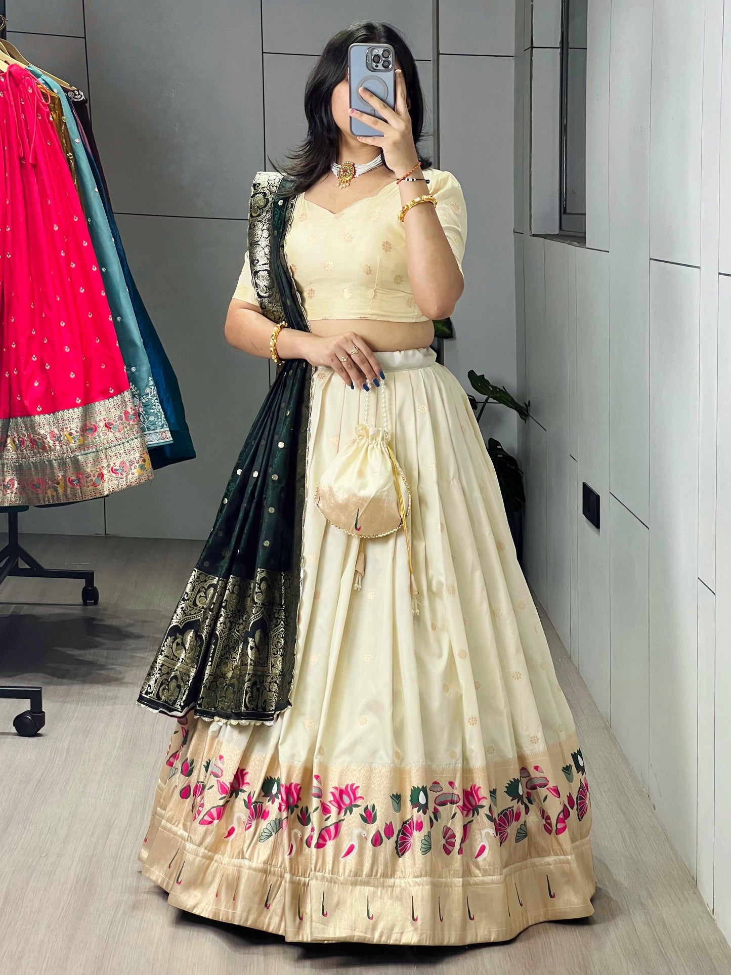 Attractive Cream Zari Weaving Paithani Silk Lehenga Choli