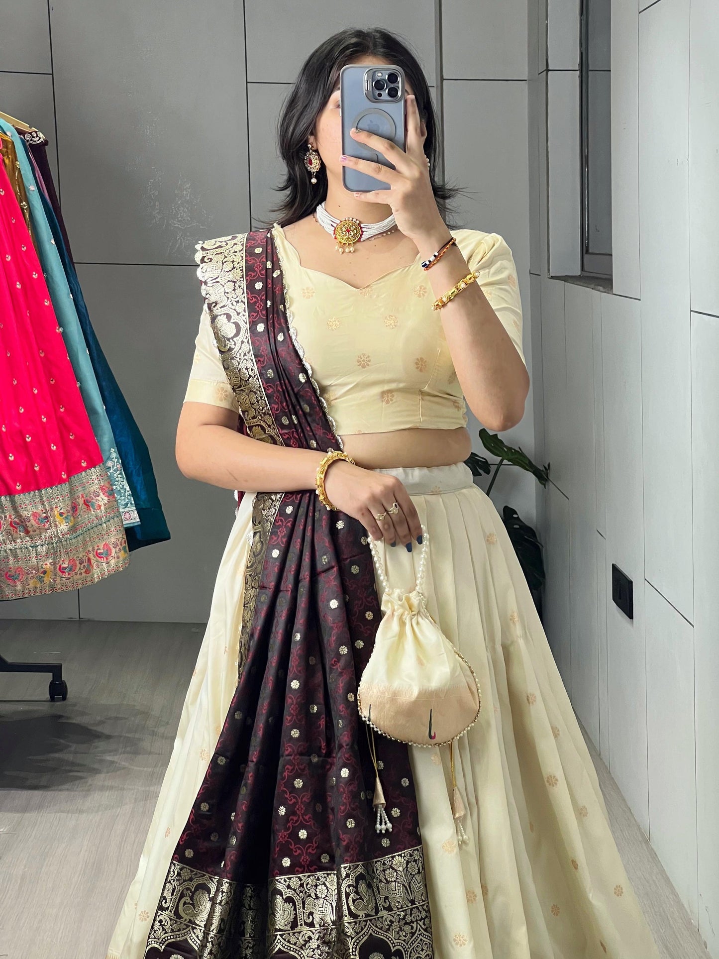 Marvelous Cream Paithani Silk Lehenga Choli With Brown Dupatta