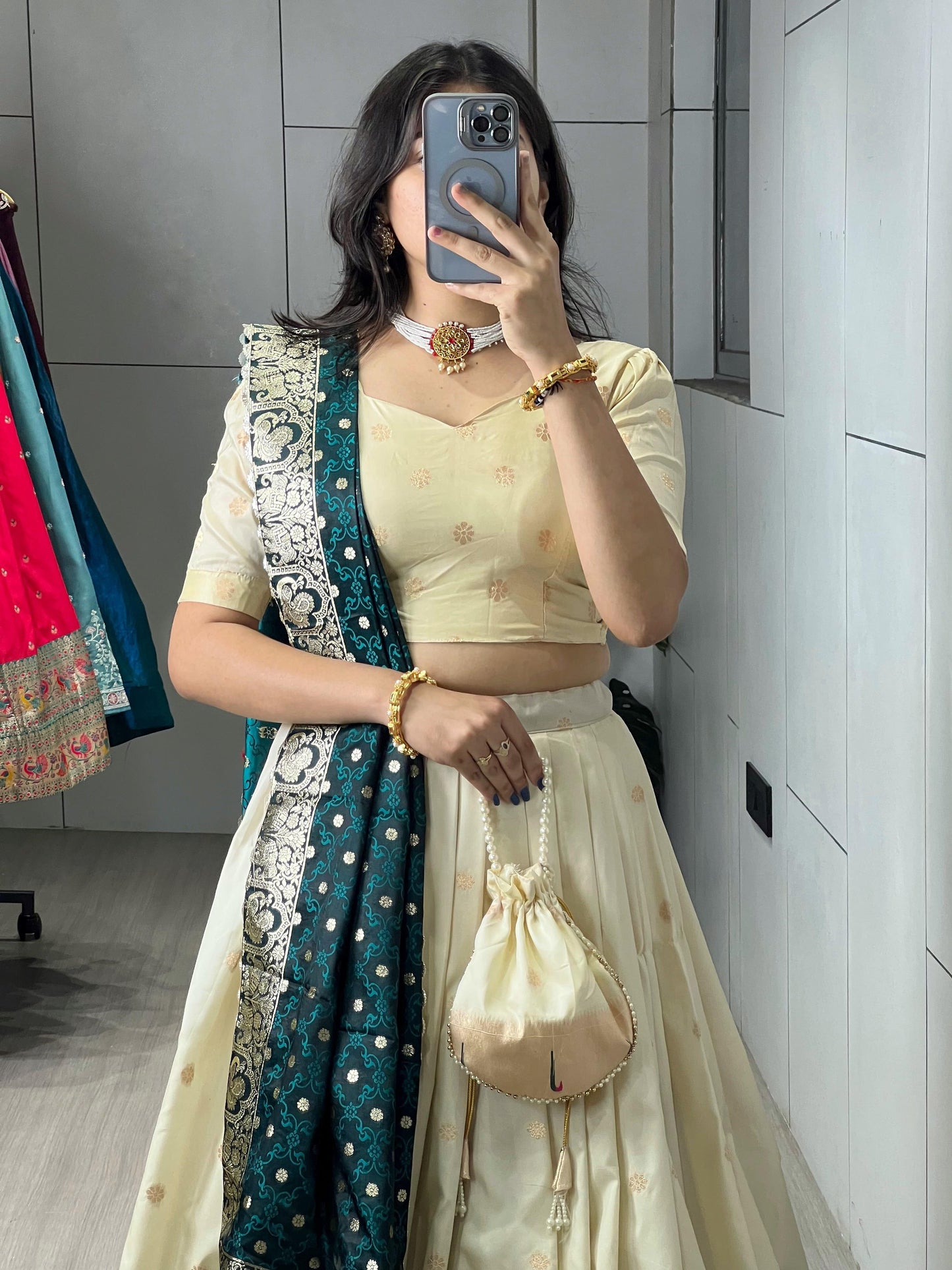 Spectacular Cream Paithani Silk Wedding Lehenga Choli