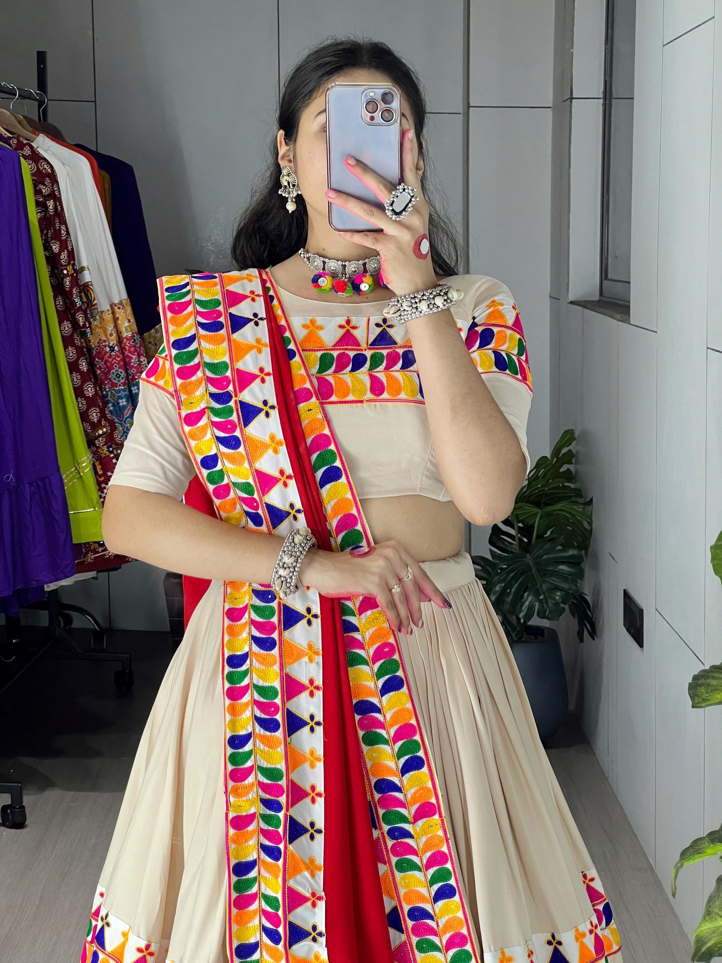 Pretty Cream Gamthi Work Rayon Cotton Navratri Lehenga Choli