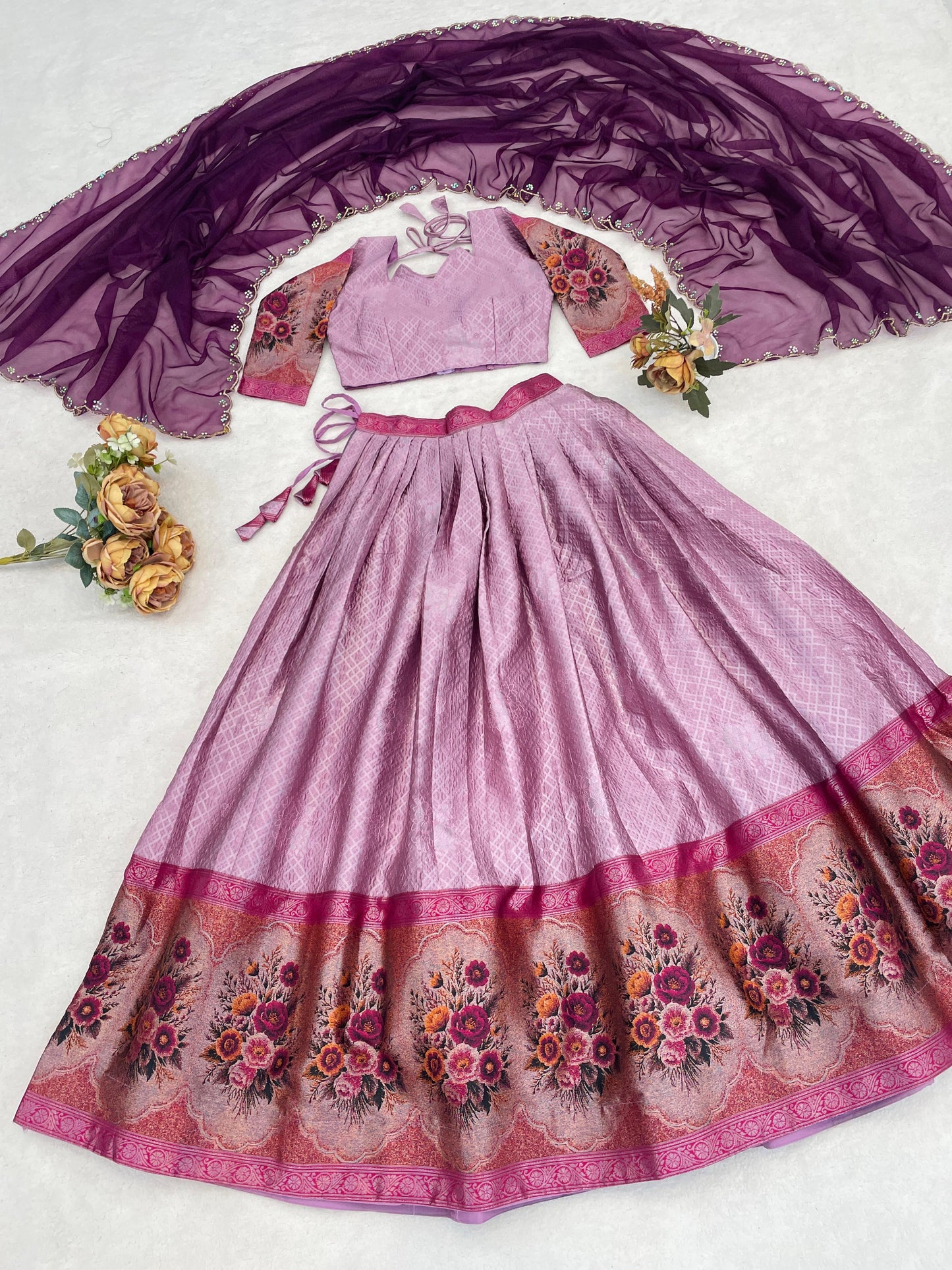 Marvelous Pink Zari Weaving Silk Wedding Half-Saree Lehenga