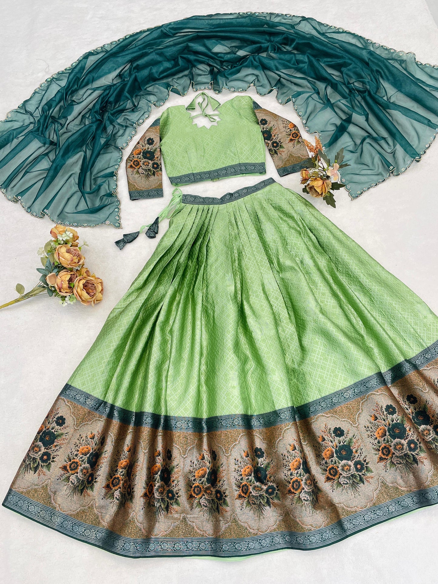 Marvelous Parrot Green Zari Weaving Silk Wedding Half-Saree Lehenga