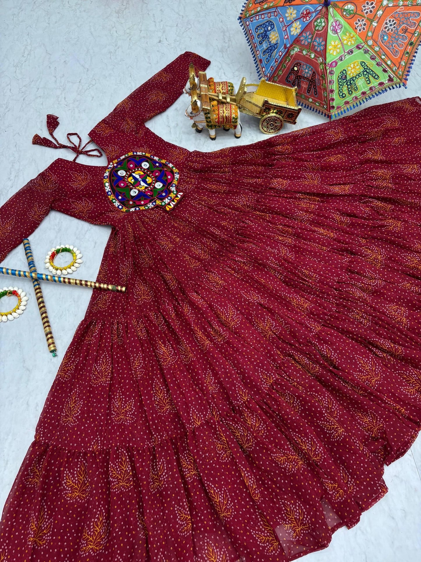 Fantastic Red Bandhani Printed Georgette Navratri Gown