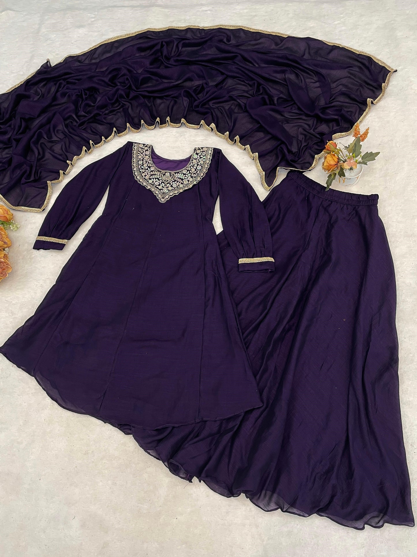 Alluring Purple Embroidered Vichitra Silk Bollywood Palazzo Suit