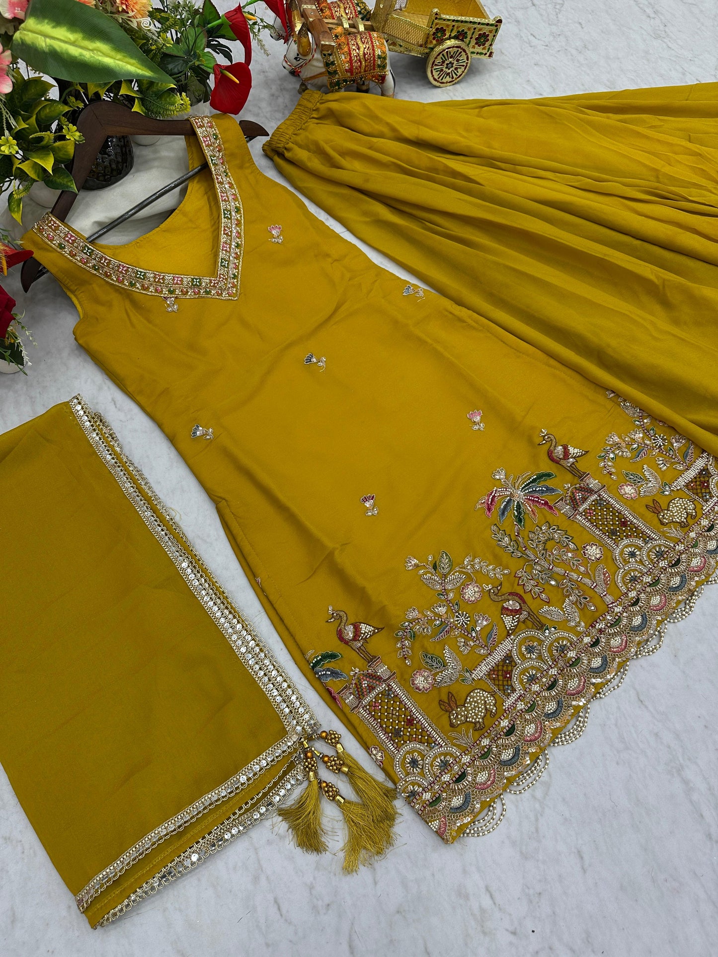 Alluring Yellow Thread Work Georgette Haldi Wear Palazzo Suit