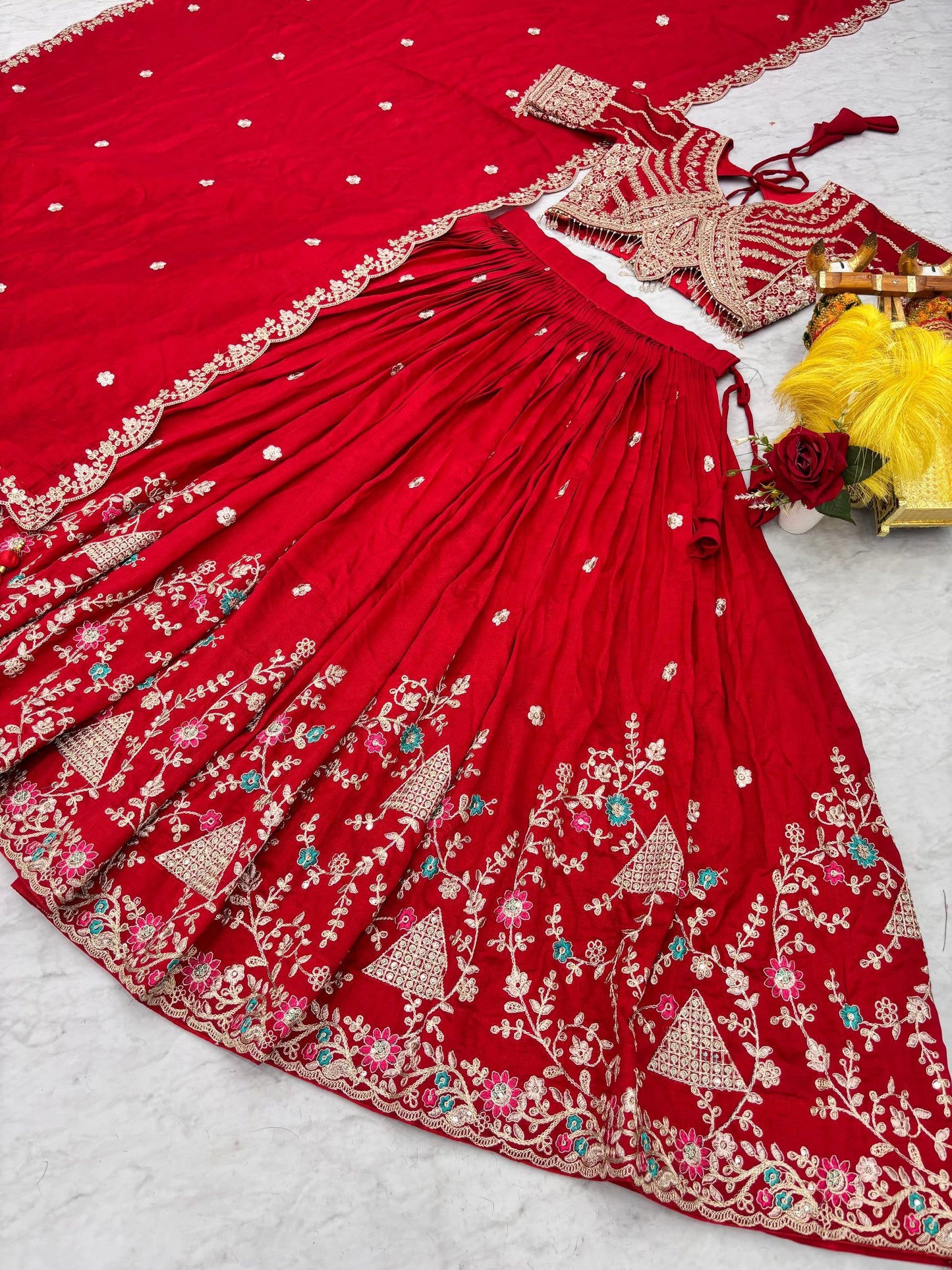 Elegant Red Embroidered Silk Wedding Lehenga Choli