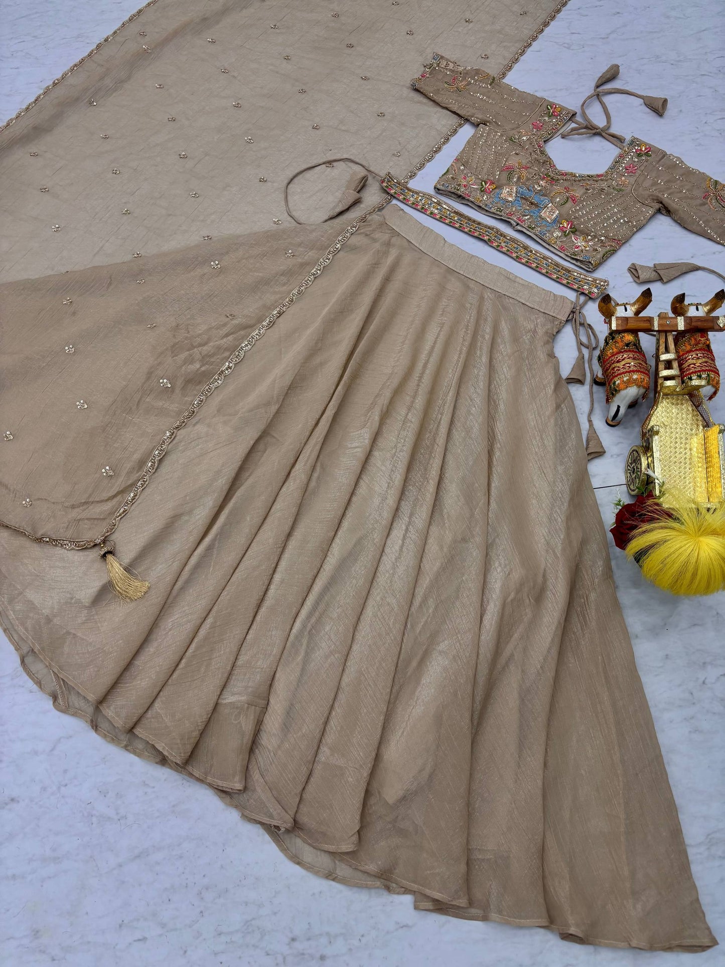 Alluring Brown Embroidered Crunchy Wedding Lehenga Choli