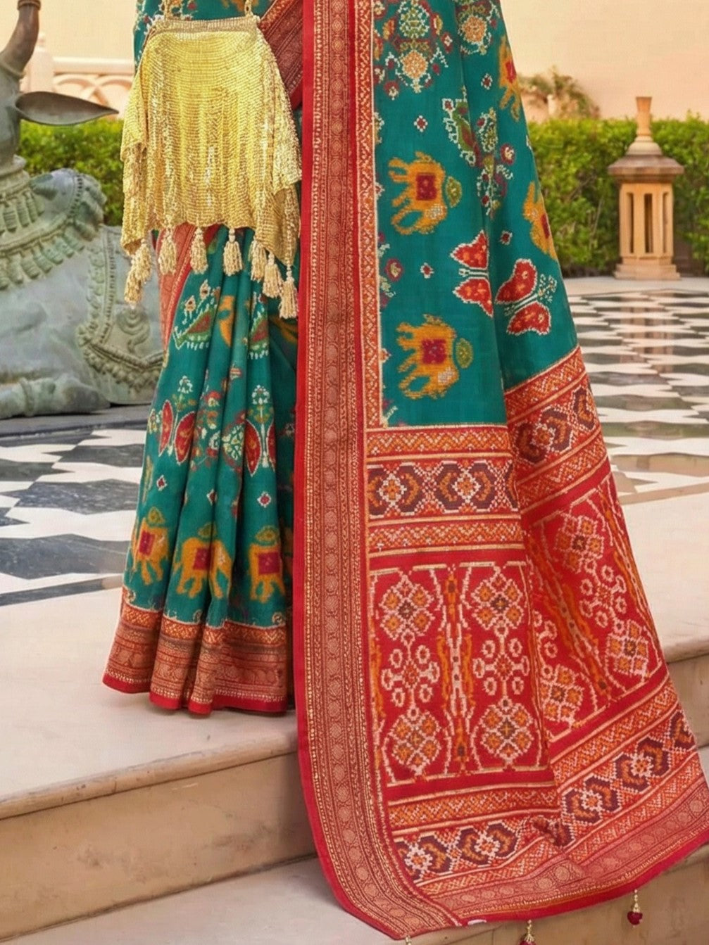 Glamorous Teal Blue Digital Printed Silk Traditional Saree