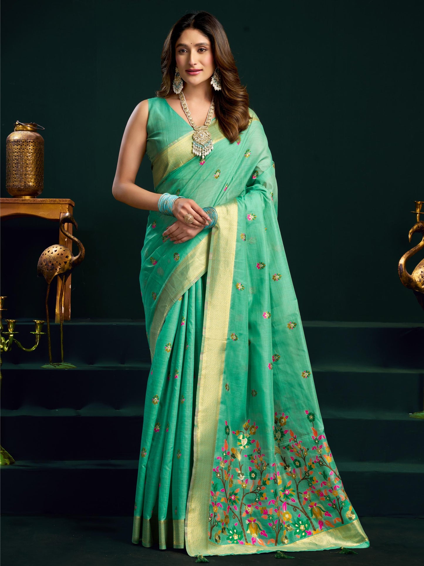 Charming Sea Green Floral Embroidered Cotton Festive Saree