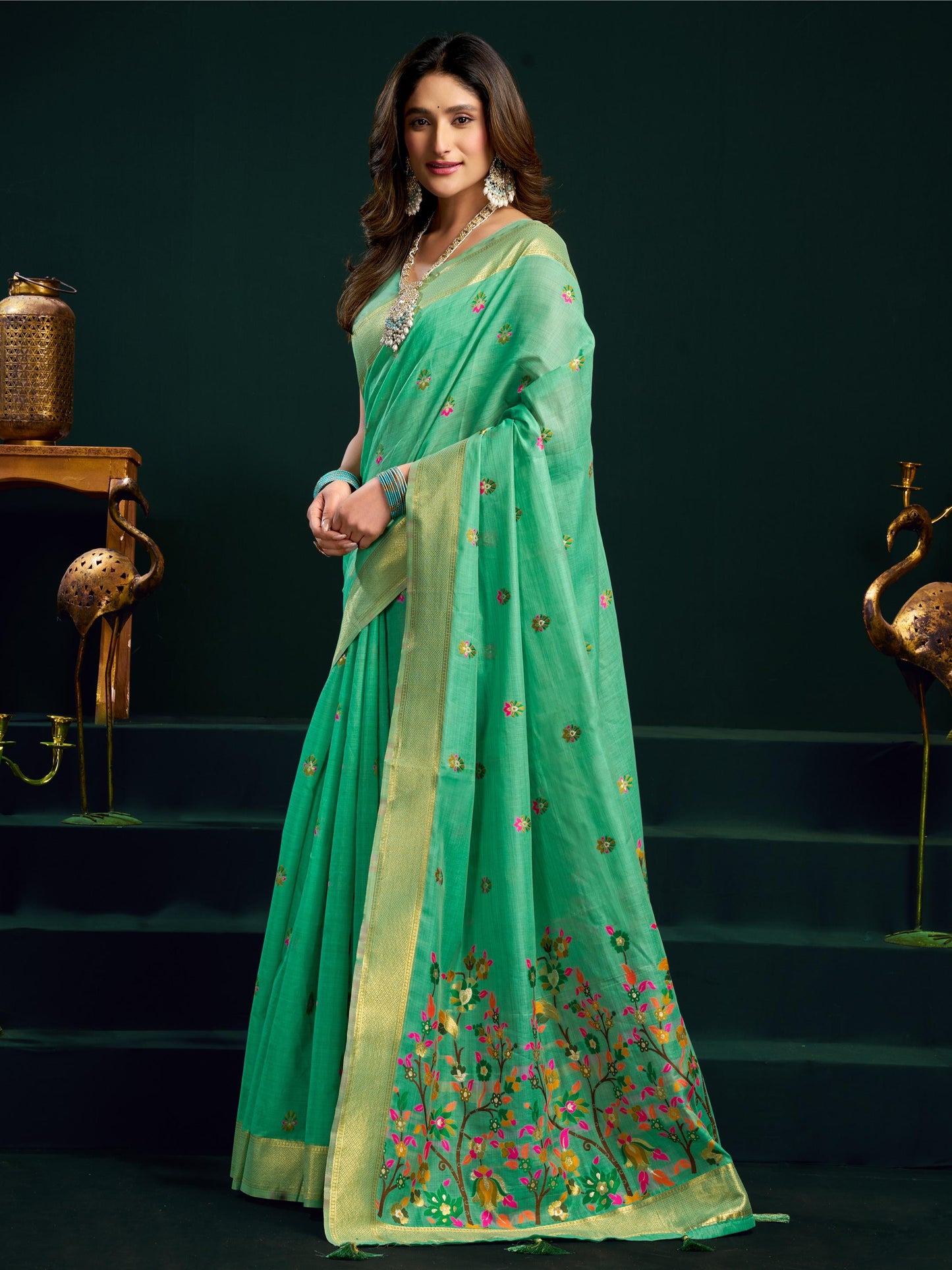Charming Sea Green Floral Embroidered Cotton Festive Saree