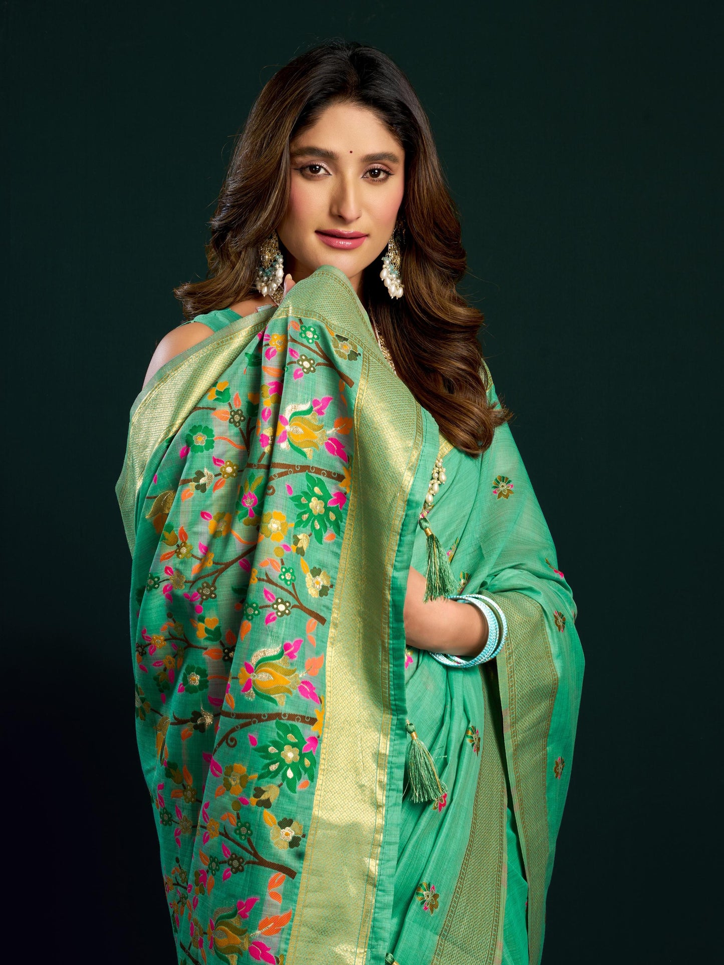 Charming Sea Green Floral Embroidered Cotton Festive Saree