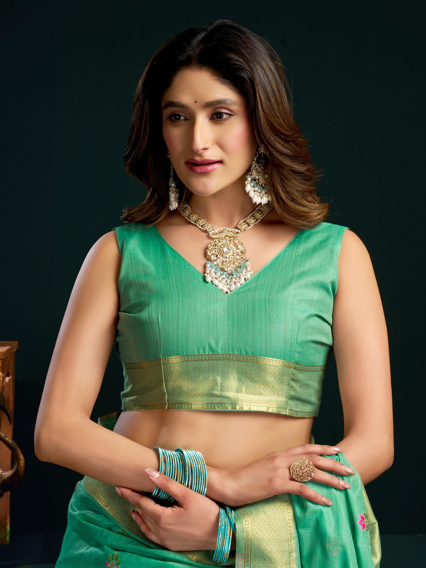 Charming Sea Green Floral Embroidered Cotton Festive Saree