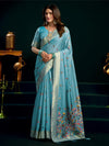 Astonishing Sky Blue Floral Embroidered Cotton Saree