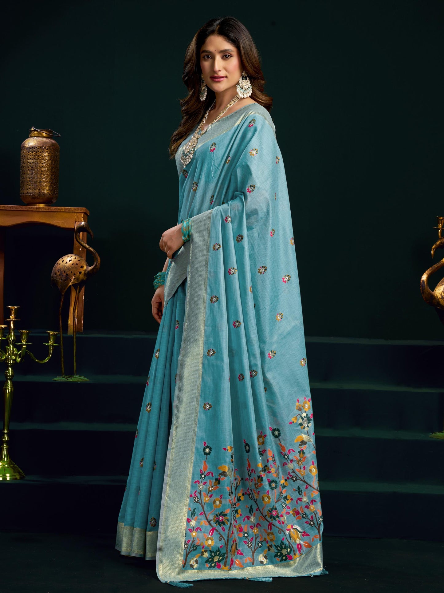 Astonishing Sky Blue Floral Embroidered Cotton Saree