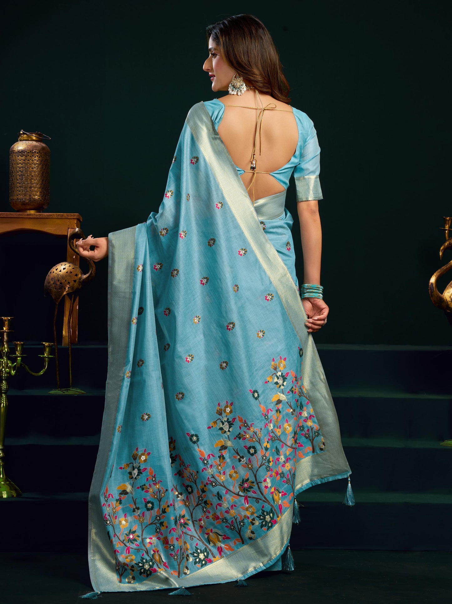 Astonishing Sky Blue Floral Embroidered Cotton Saree
