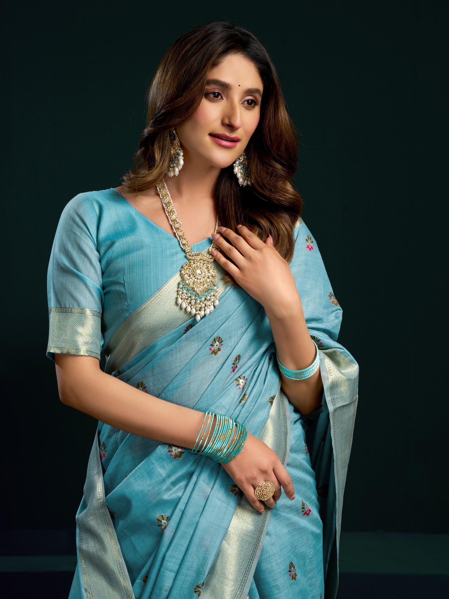 Astonishing Sky Blue Floral Embroidered Cotton Saree