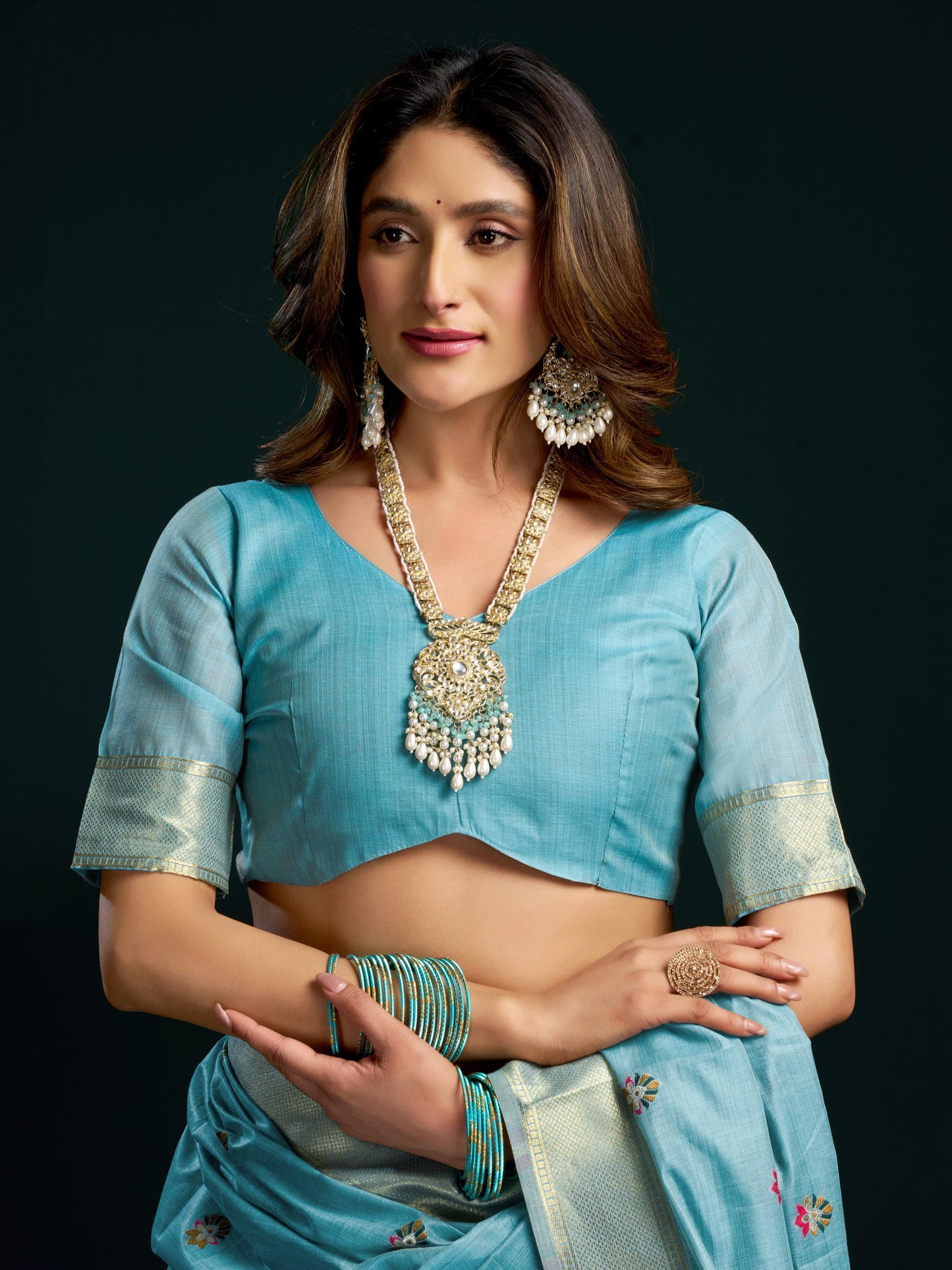 Astonishing Sky Blue Floral Embroidered Cotton Saree