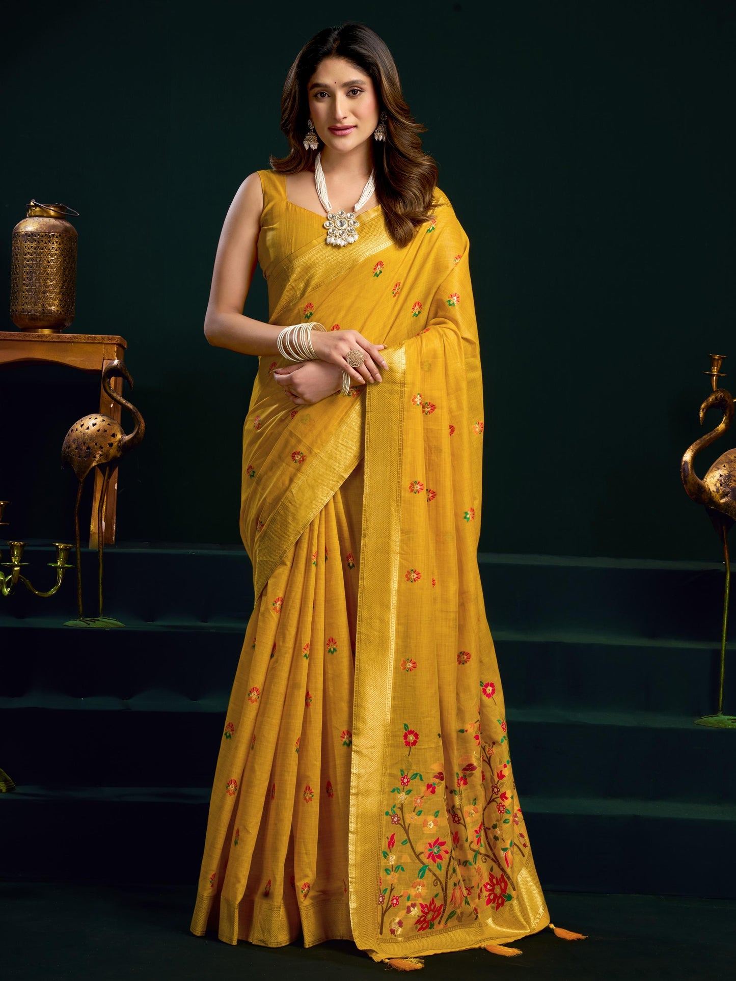 Amazing Yellow Floral Embroidered Cotton Haldi Wear Saree