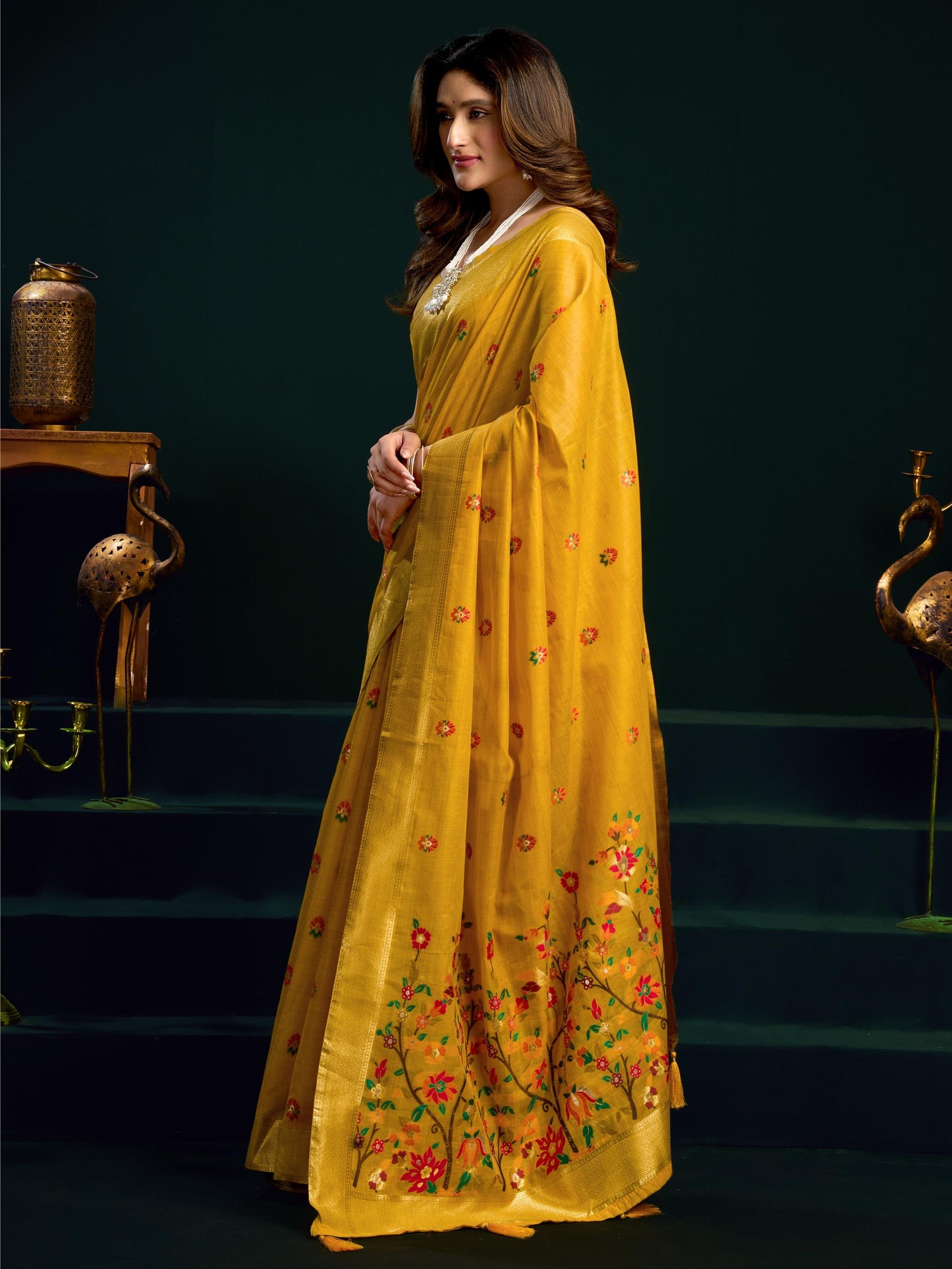 Amazing Yellow Floral Embroidered Cotton Haldi Wear Saree