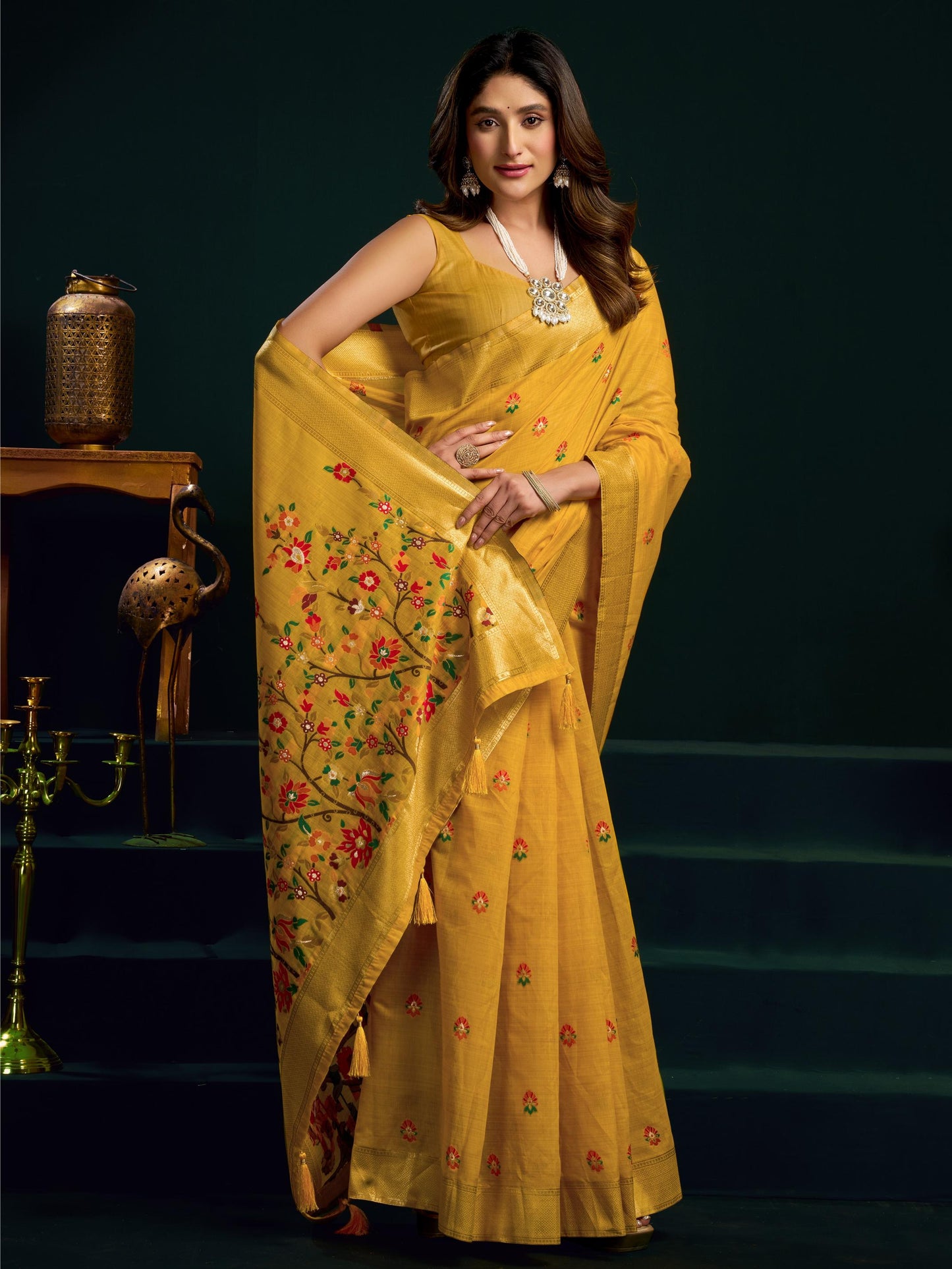 Amazing Yellow Floral Embroidered Cotton Haldi Wear Saree