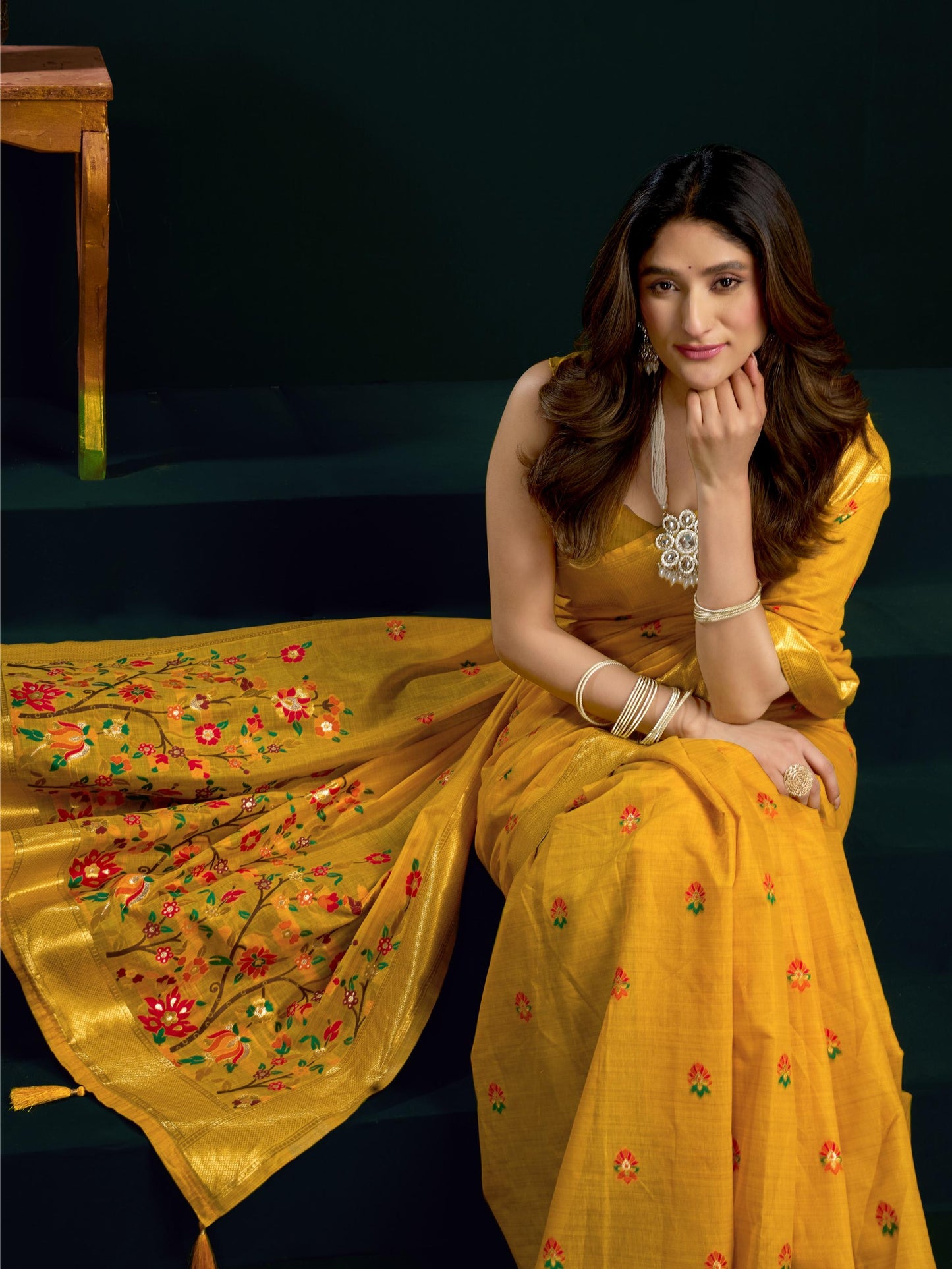 Amazing Yellow Floral Embroidered Cotton Haldi Wear Saree