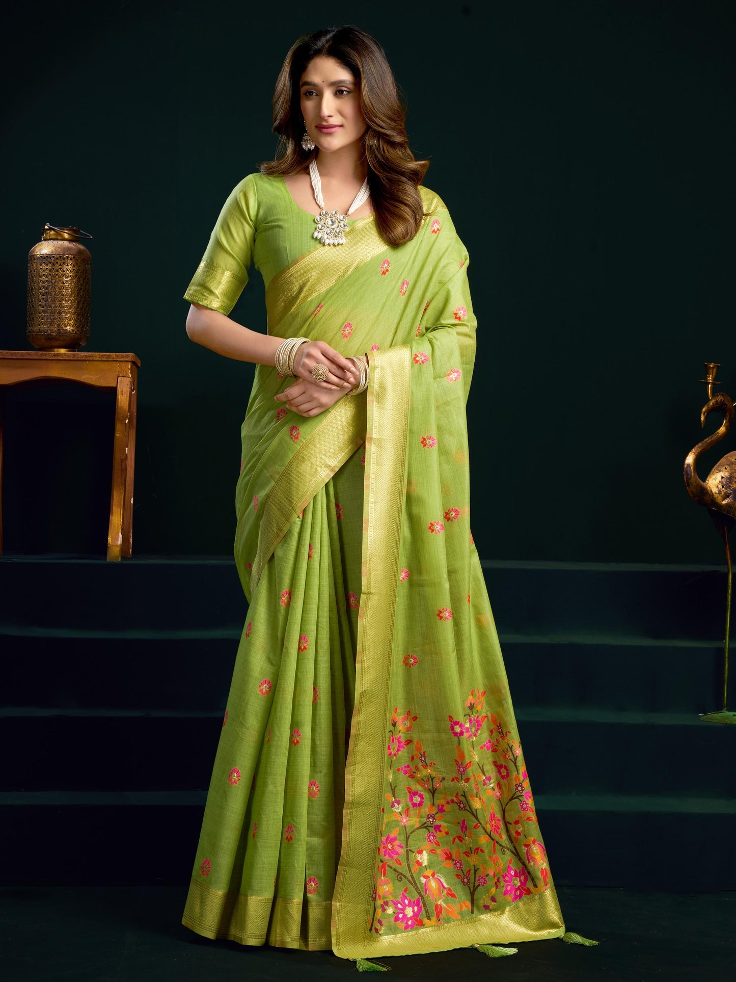 Fantastic Green Floral Embroidered Cotton Mehndi Wear Saree